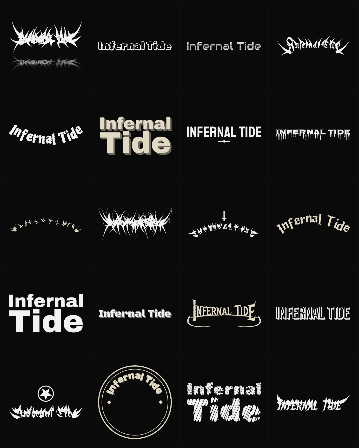 Twenty Infernal Tide band logo ideas — different faces, treatments and spike settings