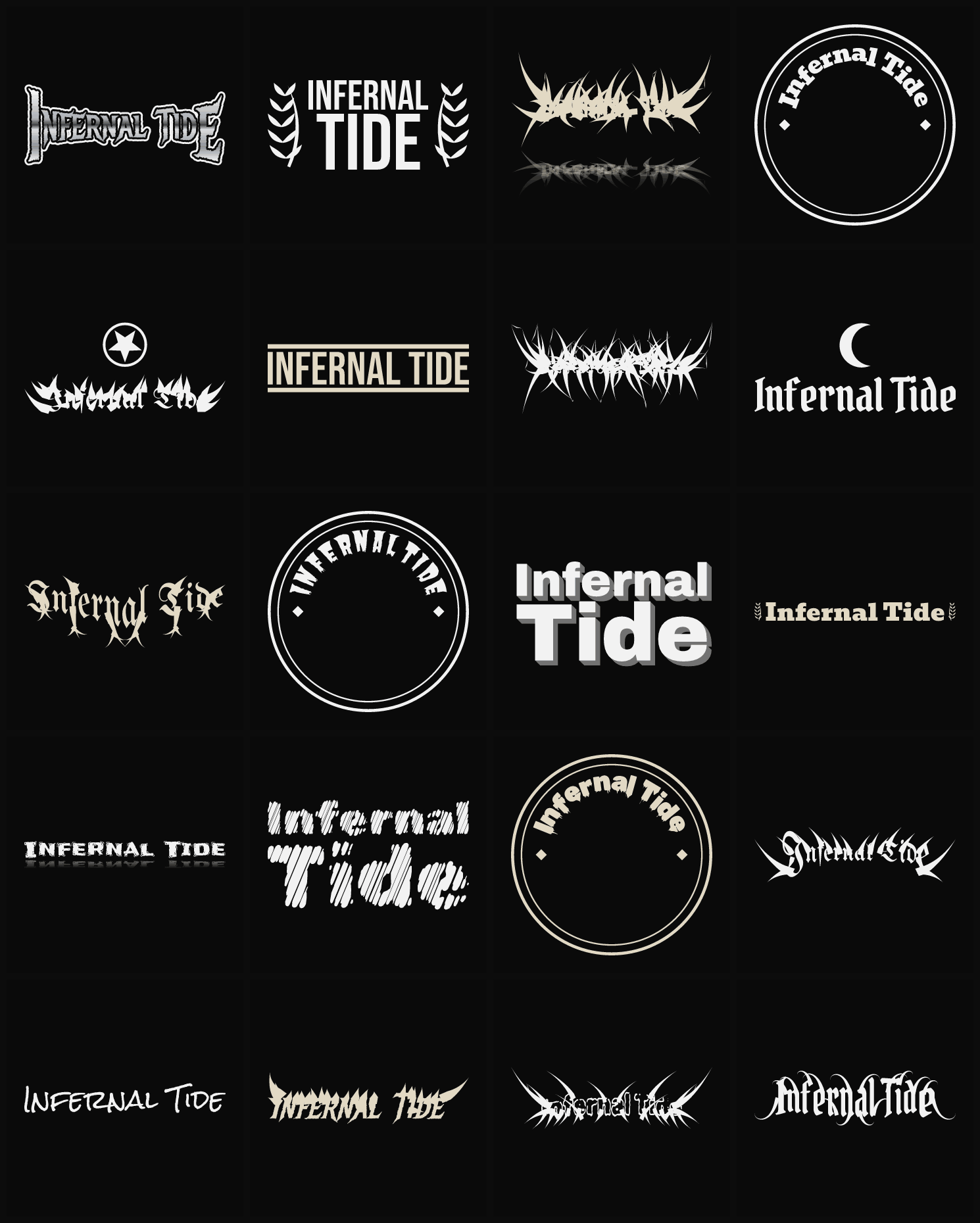 Twenty Infernal Tide band logo ideas — different faces, treatments and spike settings