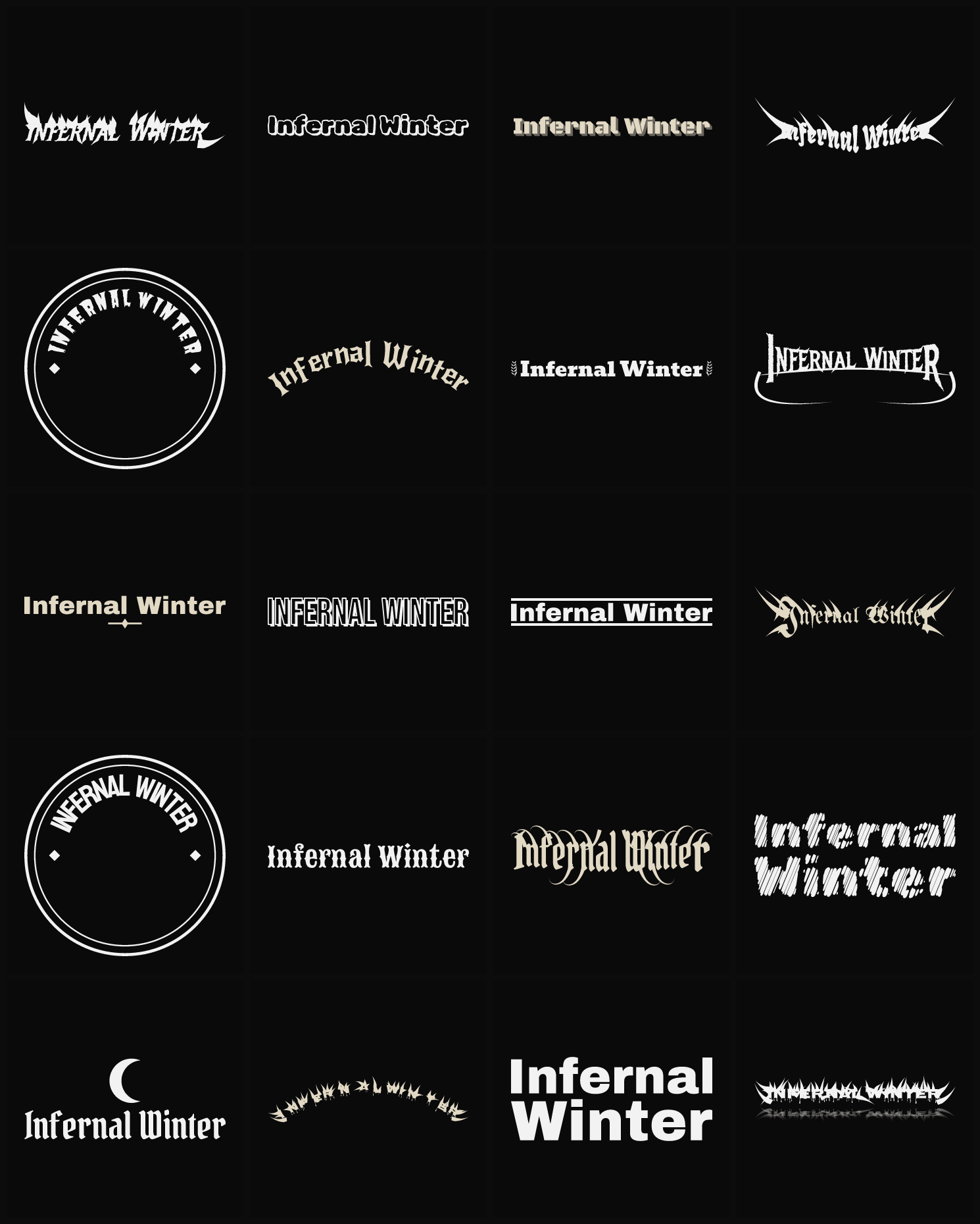 Twenty Infernal Winter band logo ideas — different faces, treatments and spike settings