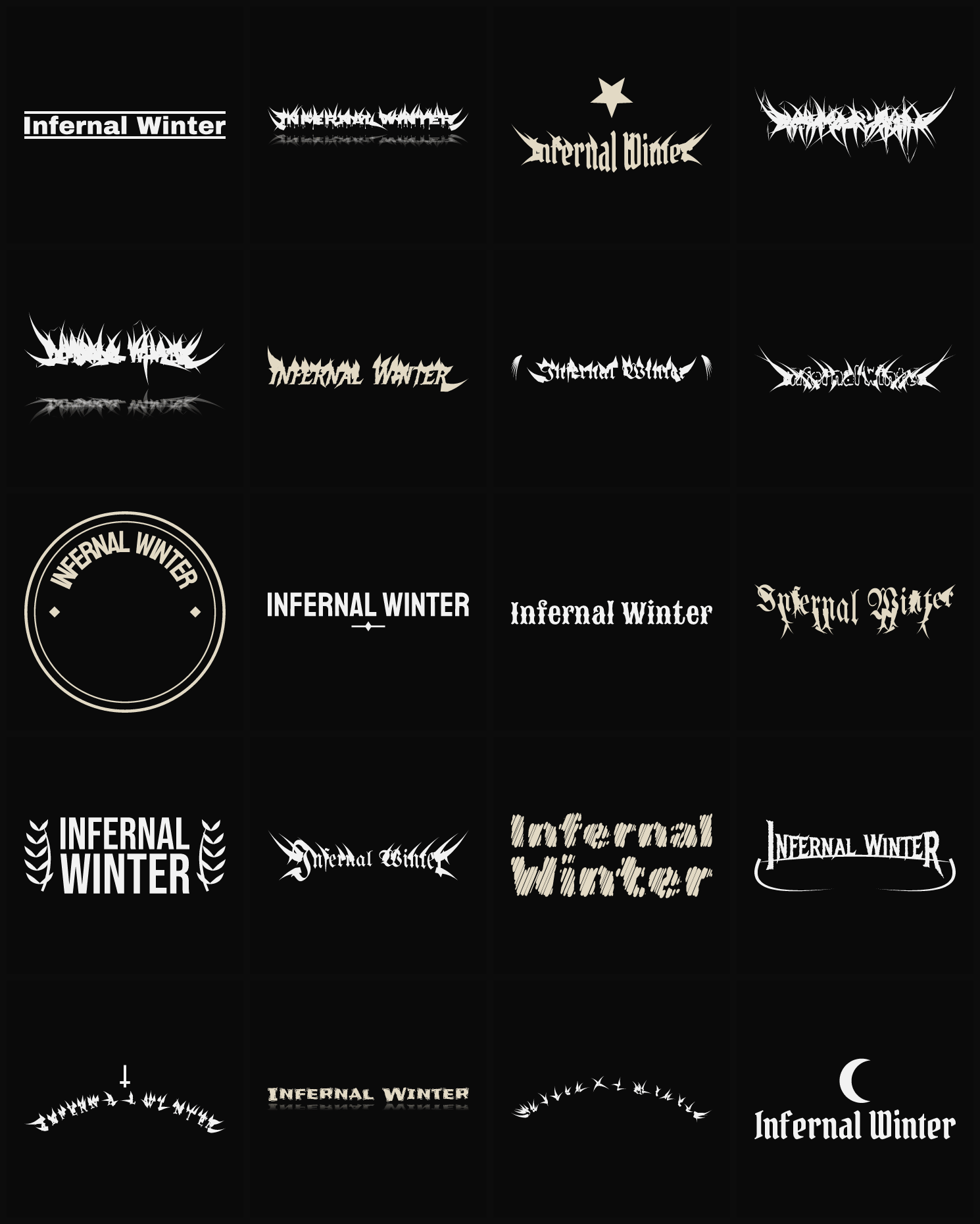 Twenty Infernal Winter band logo ideas — different faces, treatments and spike settings