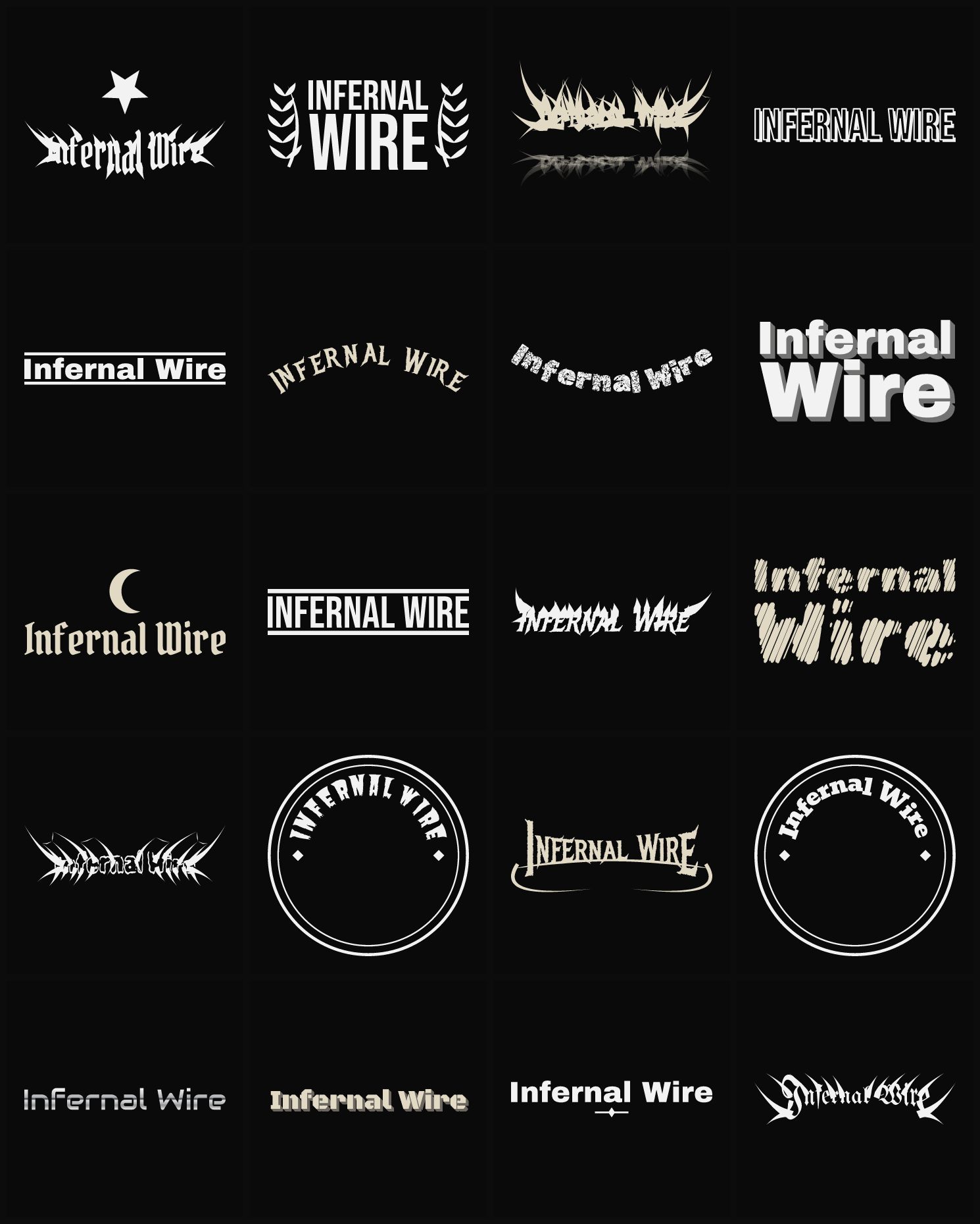 Twenty Infernal Wire band logo ideas — different faces, treatments and spike settings