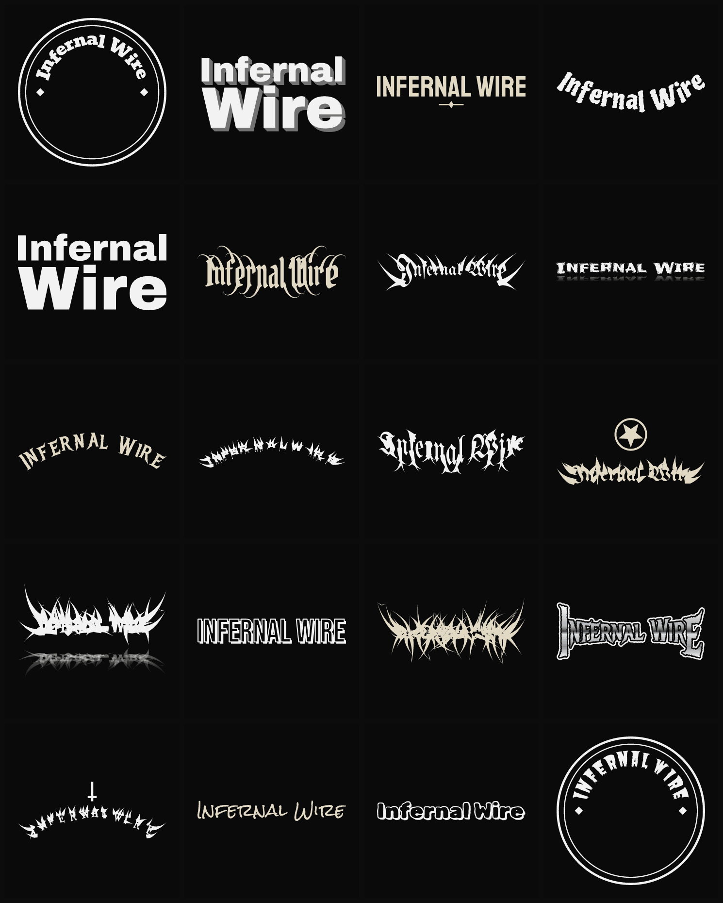 Twenty Infernal Wire band logo ideas — different faces, treatments and spike settings