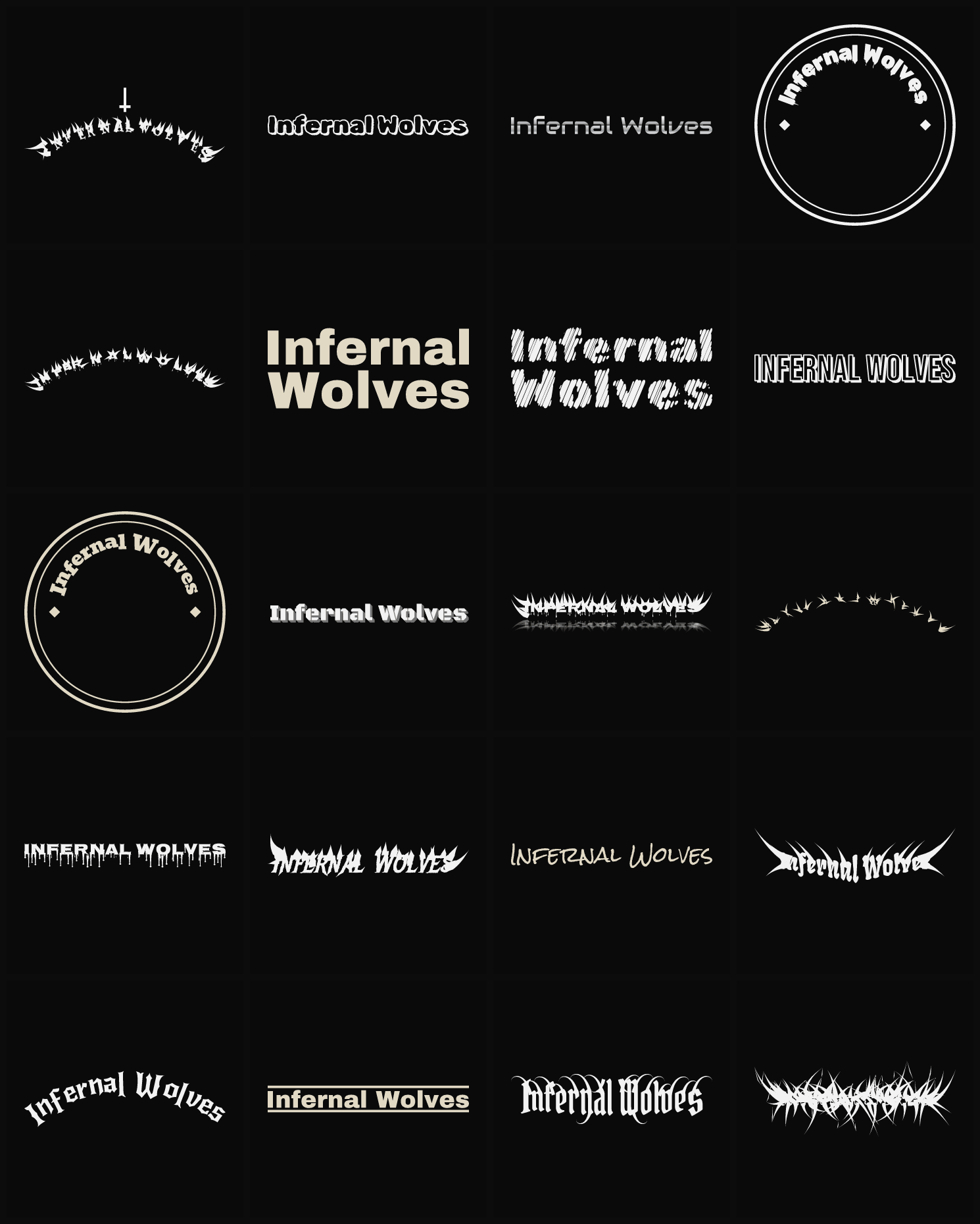 Twenty Infernal Wolves band logo ideas — different faces, treatments and spike settings