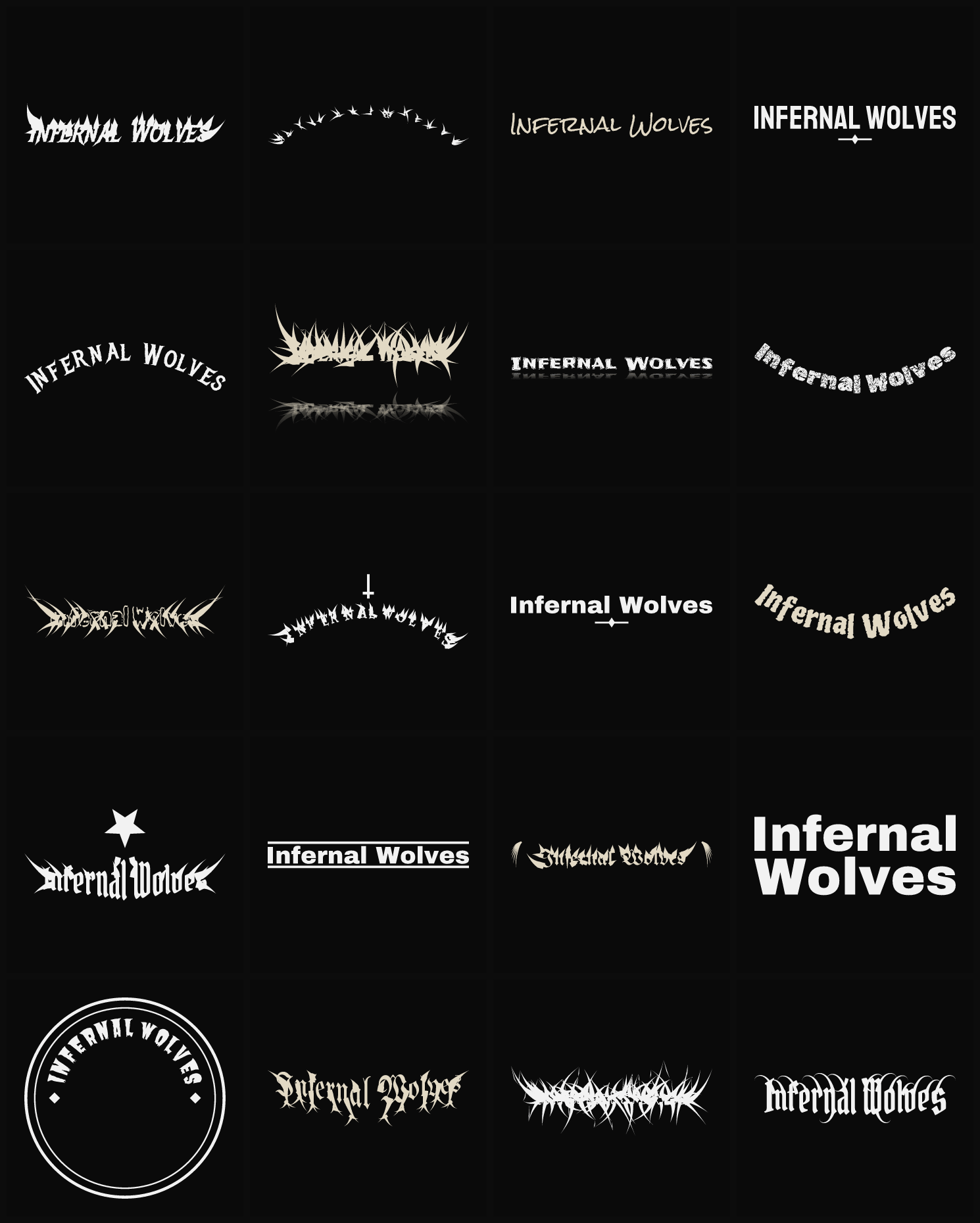 Twenty Infernal Wolves band logo ideas — different faces, treatments and spike settings