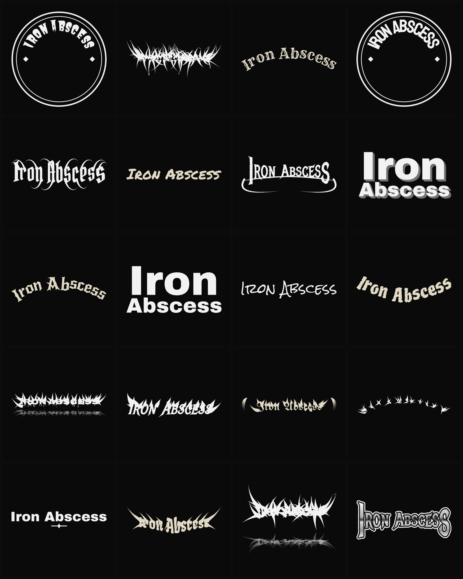 Twenty Iron Abscess band logo ideas — different faces, treatments and spike settings