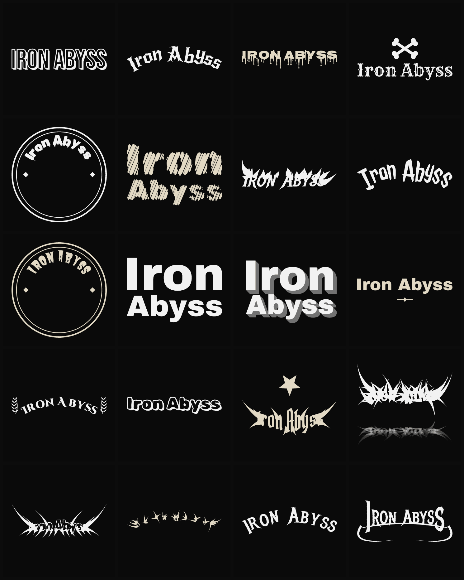 Twenty Iron Abyss band logo ideas — different faces, treatments and spike settings