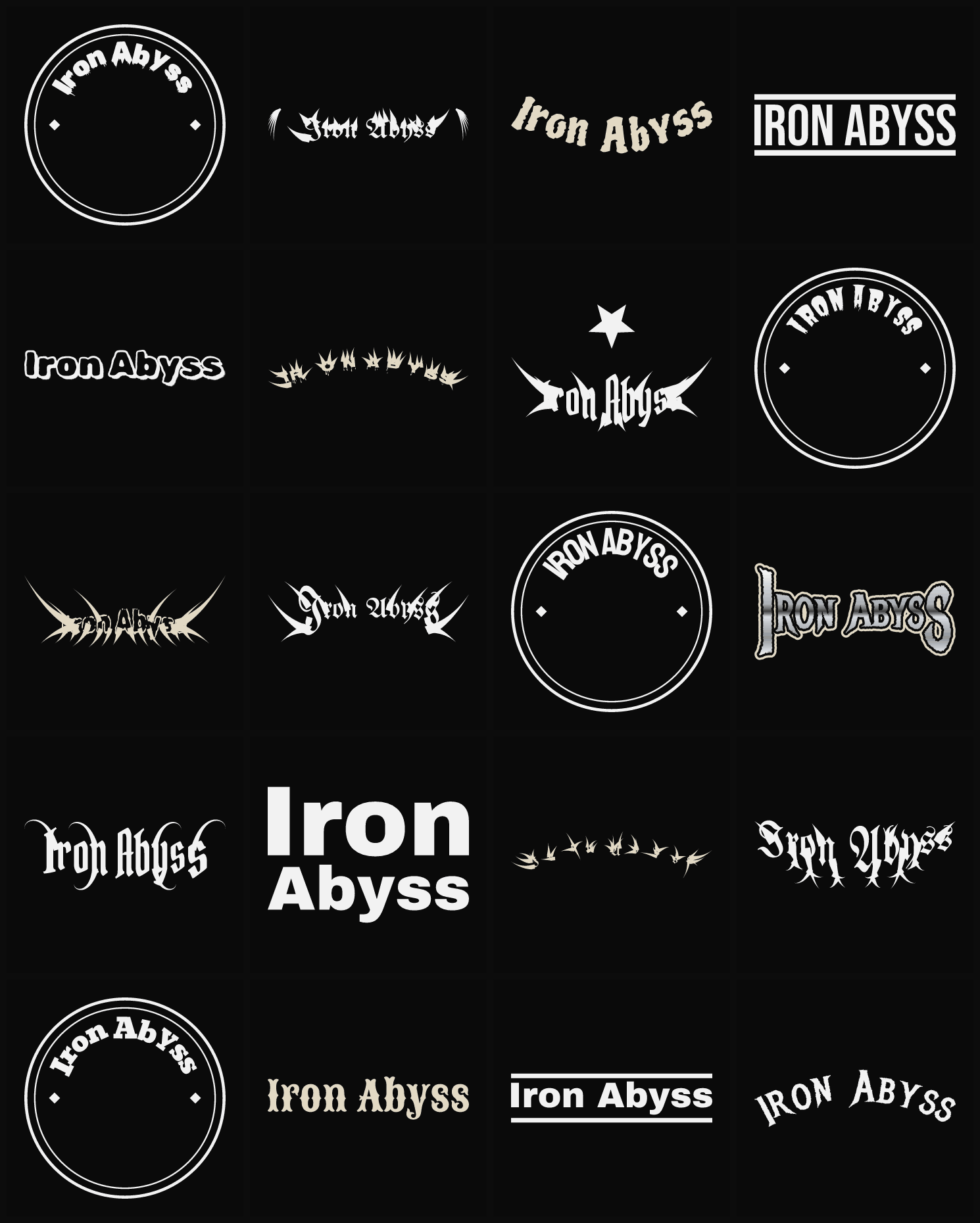 Twenty Iron Abyss band logo ideas — different faces, treatments and spike settings