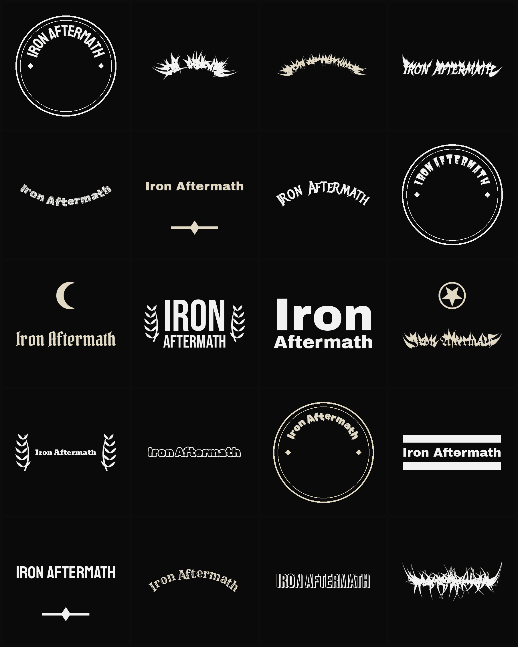Twenty Iron Aftermath band logo ideas — different faces, treatments and spike settings