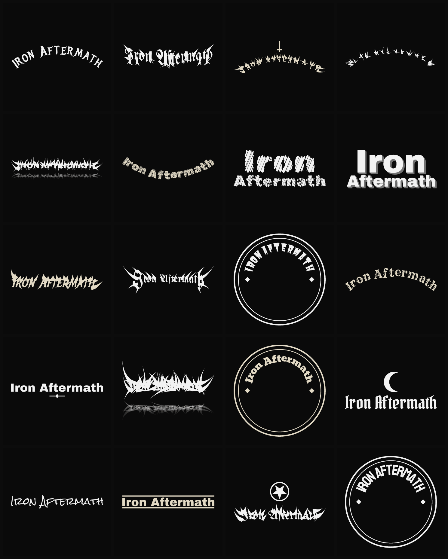 Twenty Iron Aftermath band logo ideas — different faces, treatments and spike settings