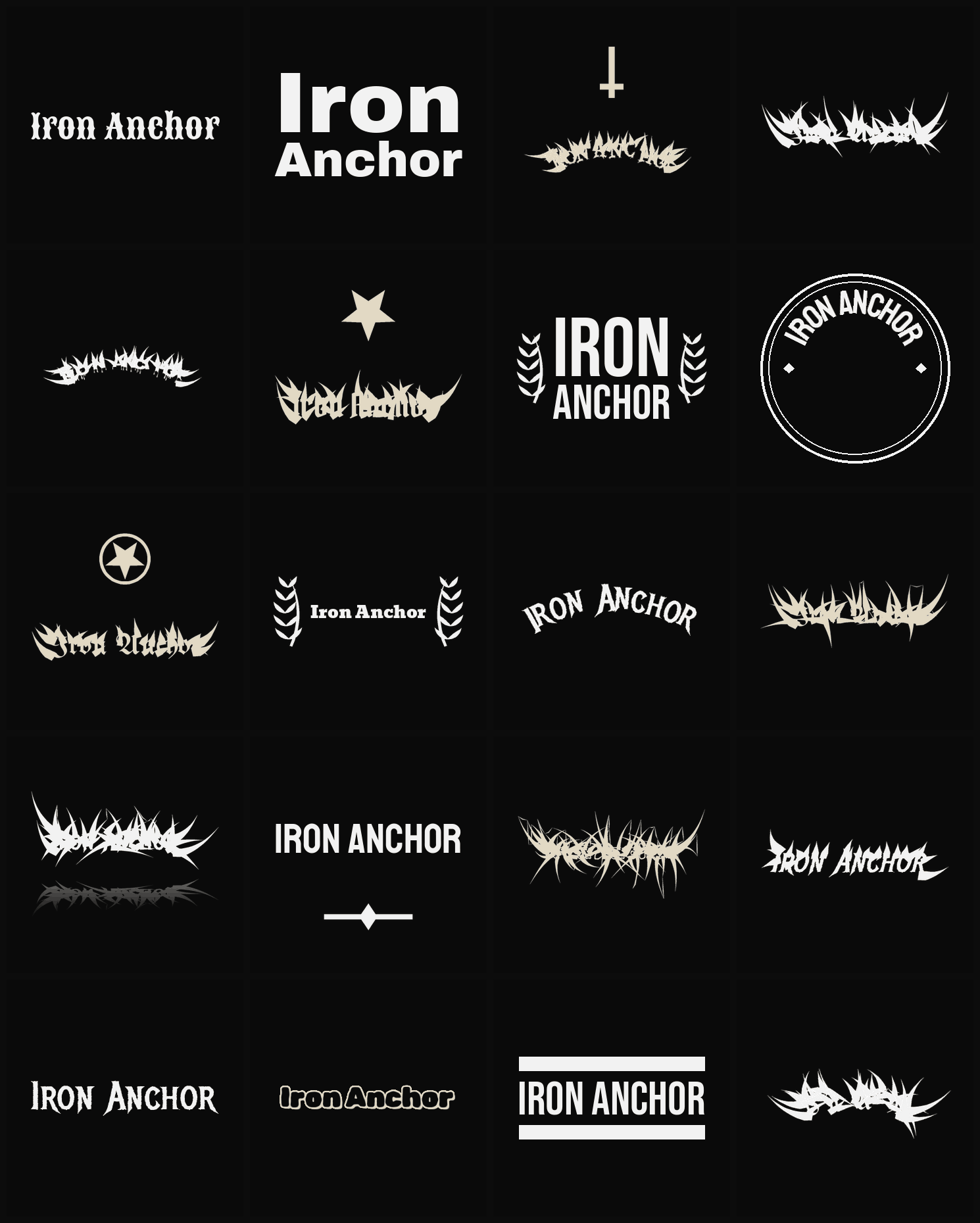 Twenty Iron Anchor band logo ideas — different faces, treatments and spike settings