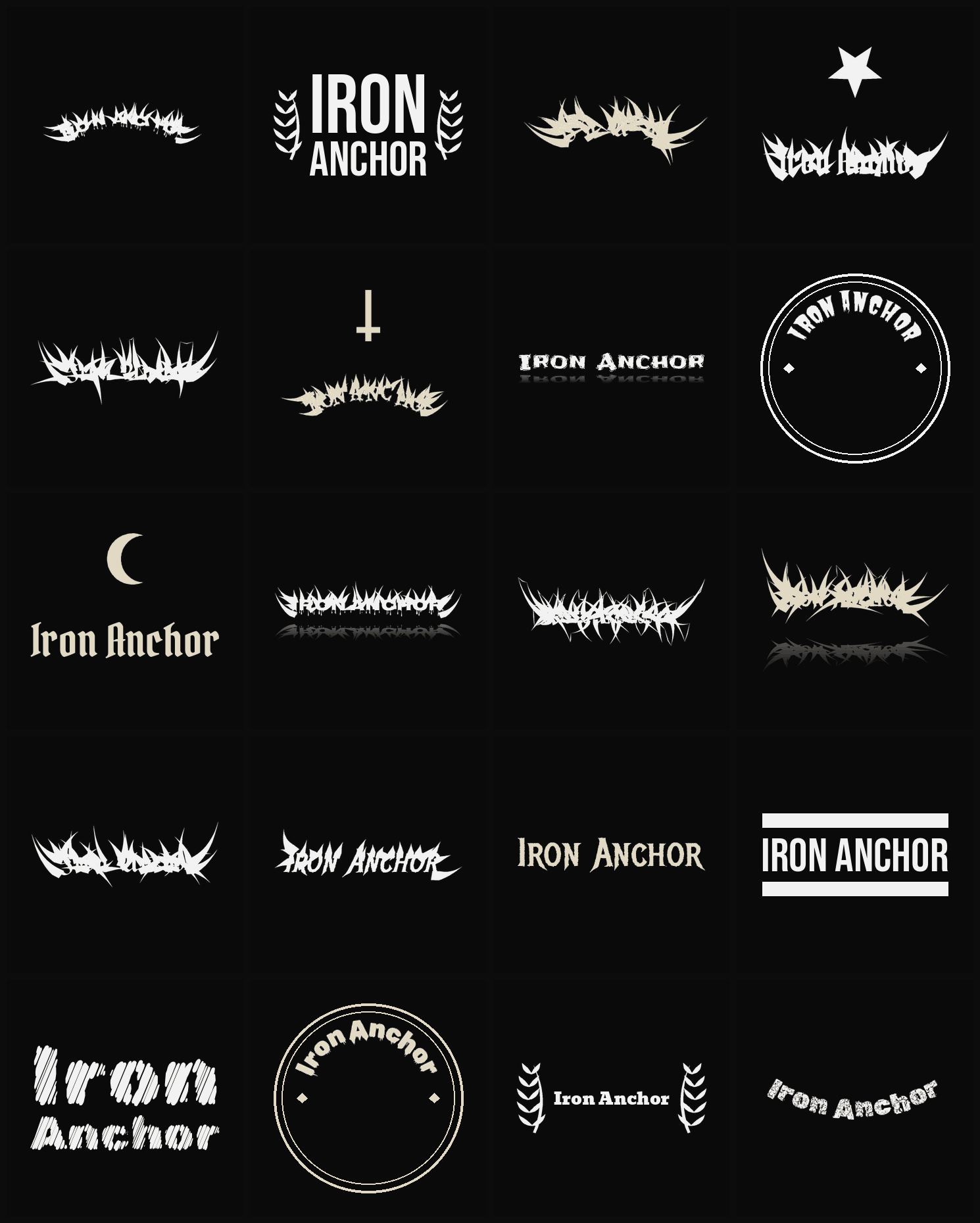 Twenty Iron Anchor band logo ideas — different faces, treatments and spike settings
