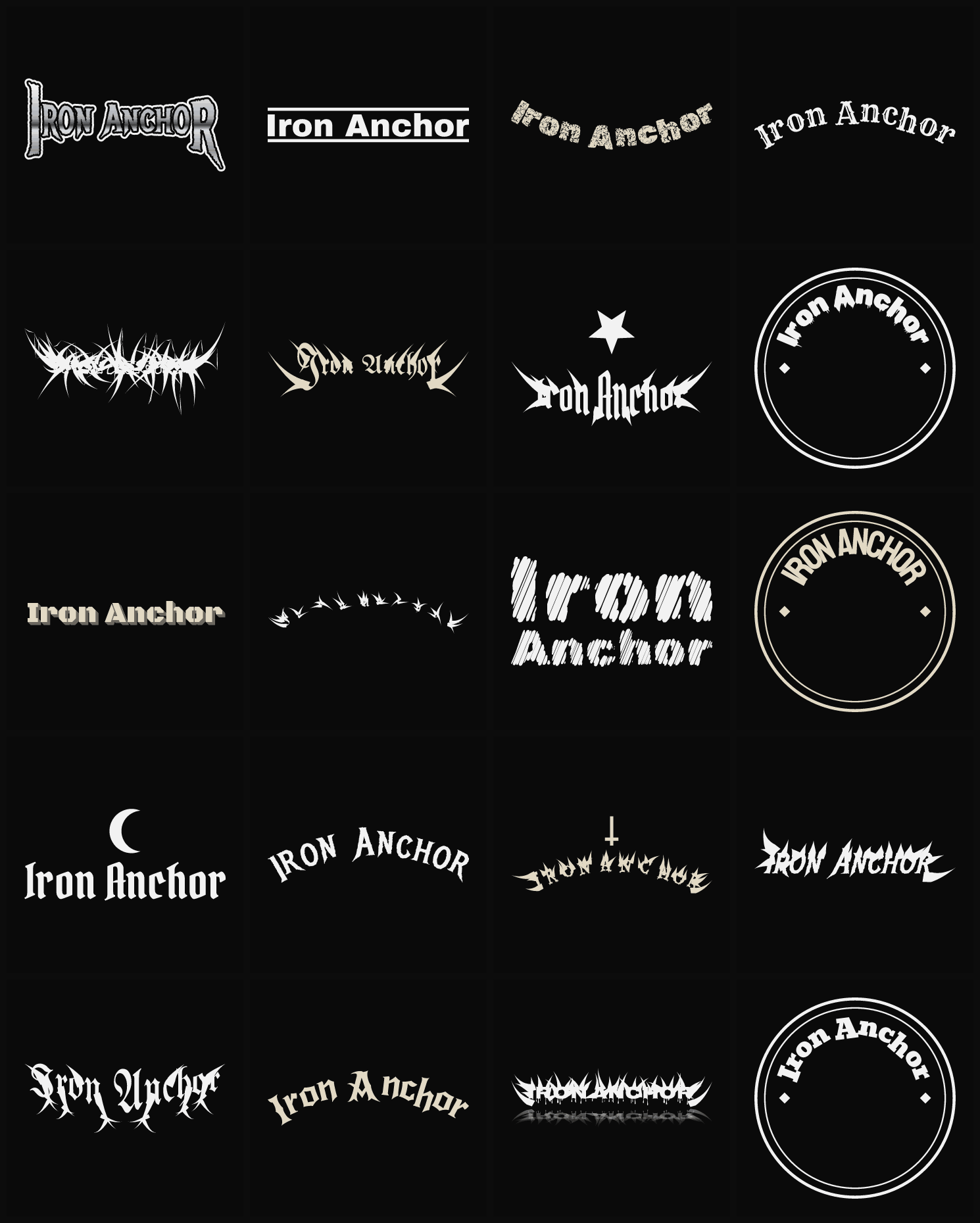 Twenty Iron Anchor band logo ideas — different faces, treatments and spike settings