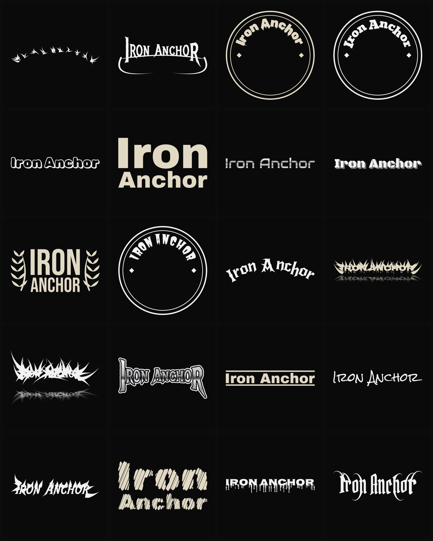 Twenty Iron Anchor band logo ideas — different faces, treatments and spike settings