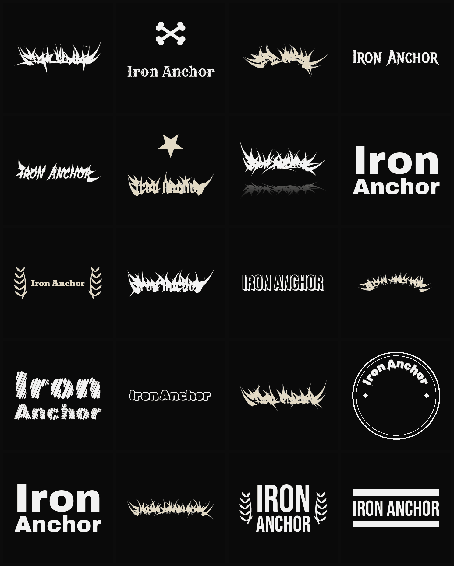 Twenty Iron Anchor band logo ideas — different faces, treatments and spike settings