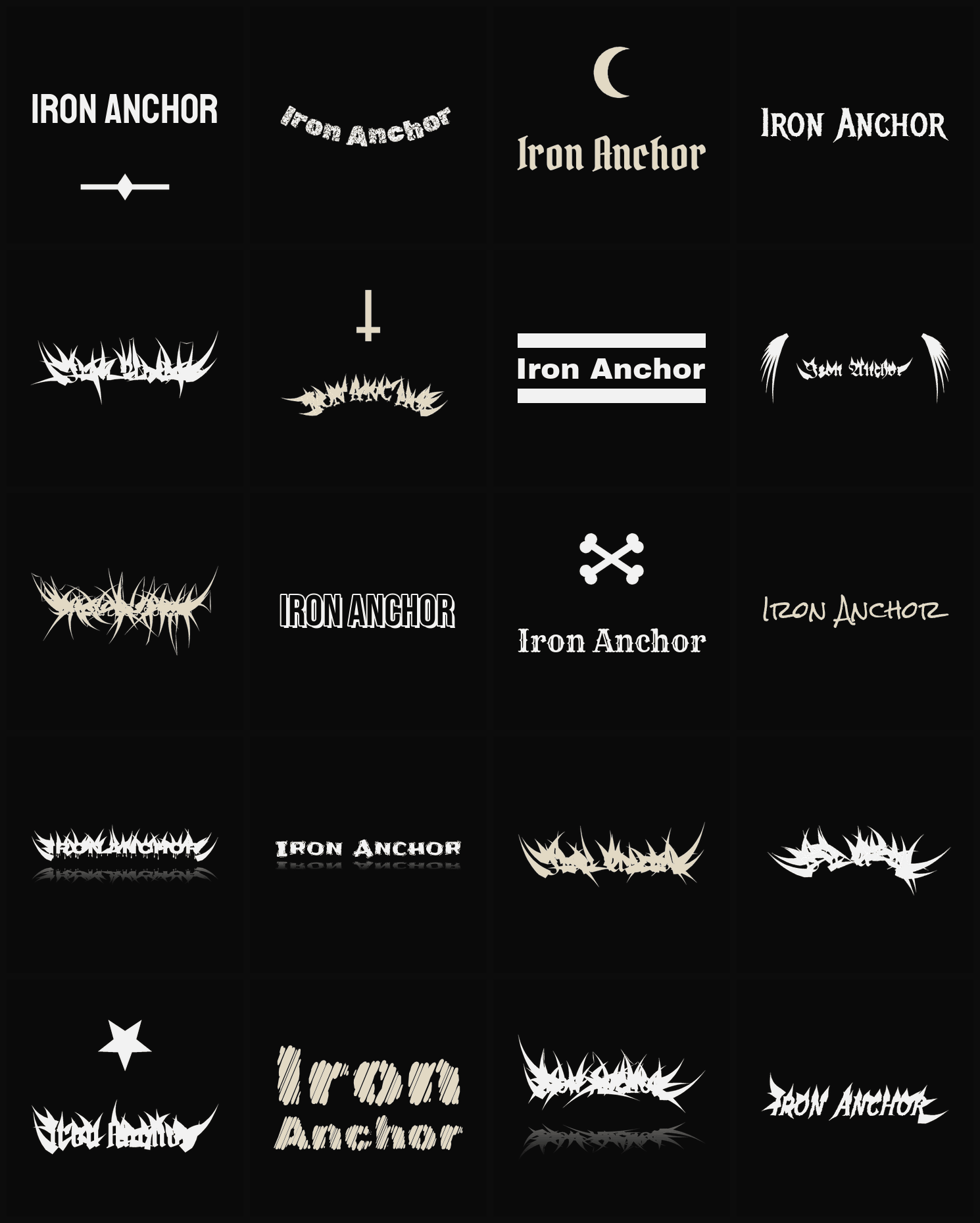 Twenty Iron Anchor band logo ideas — different faces, treatments and spike settings