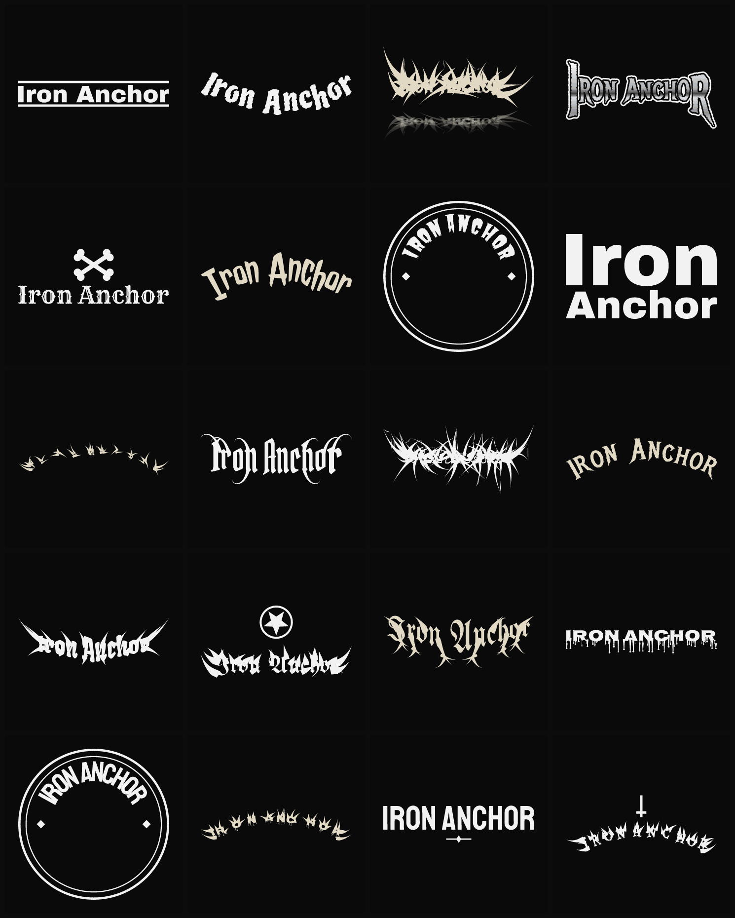 Twenty Iron Anchor band logo ideas — different faces, treatments and spike settings