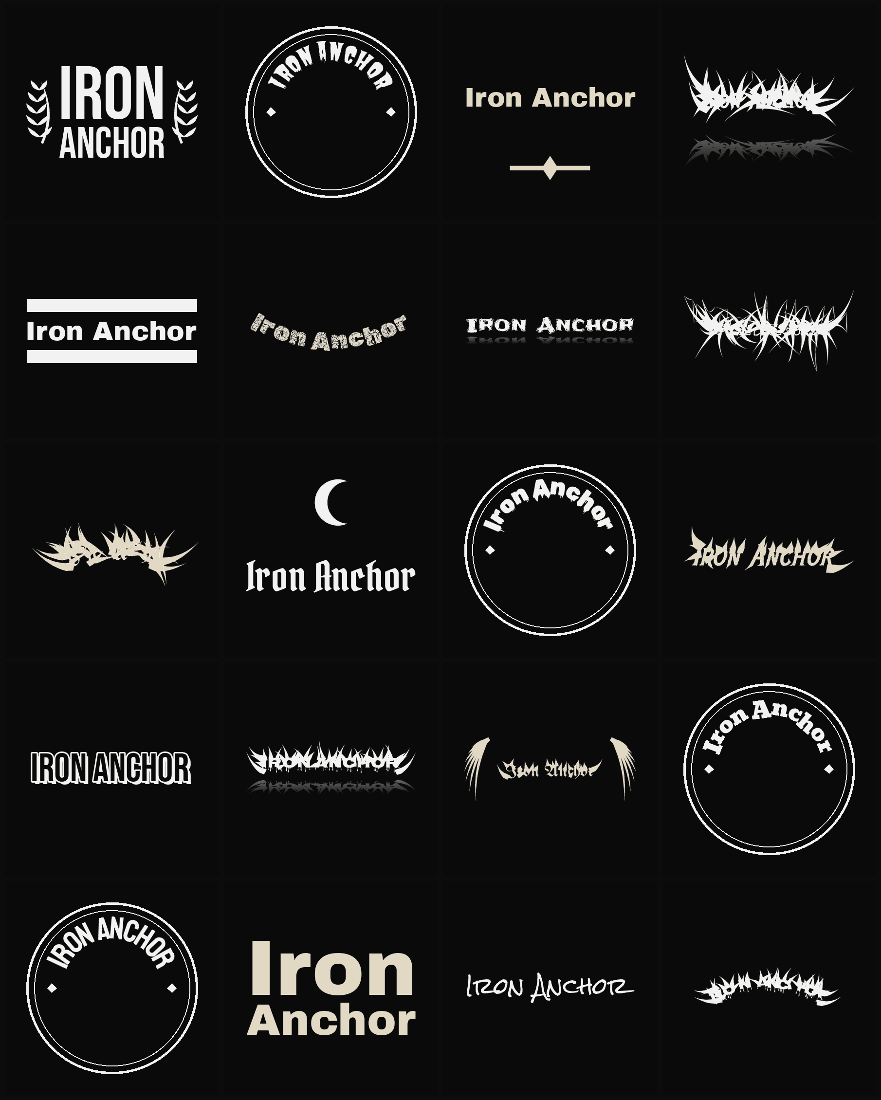 Twenty Iron Anchor band logo ideas — different faces, treatments and spike settings