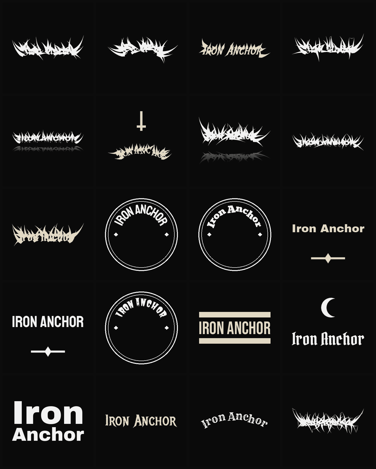 Twenty Iron Anchor band logo ideas — different faces, treatments and spike settings