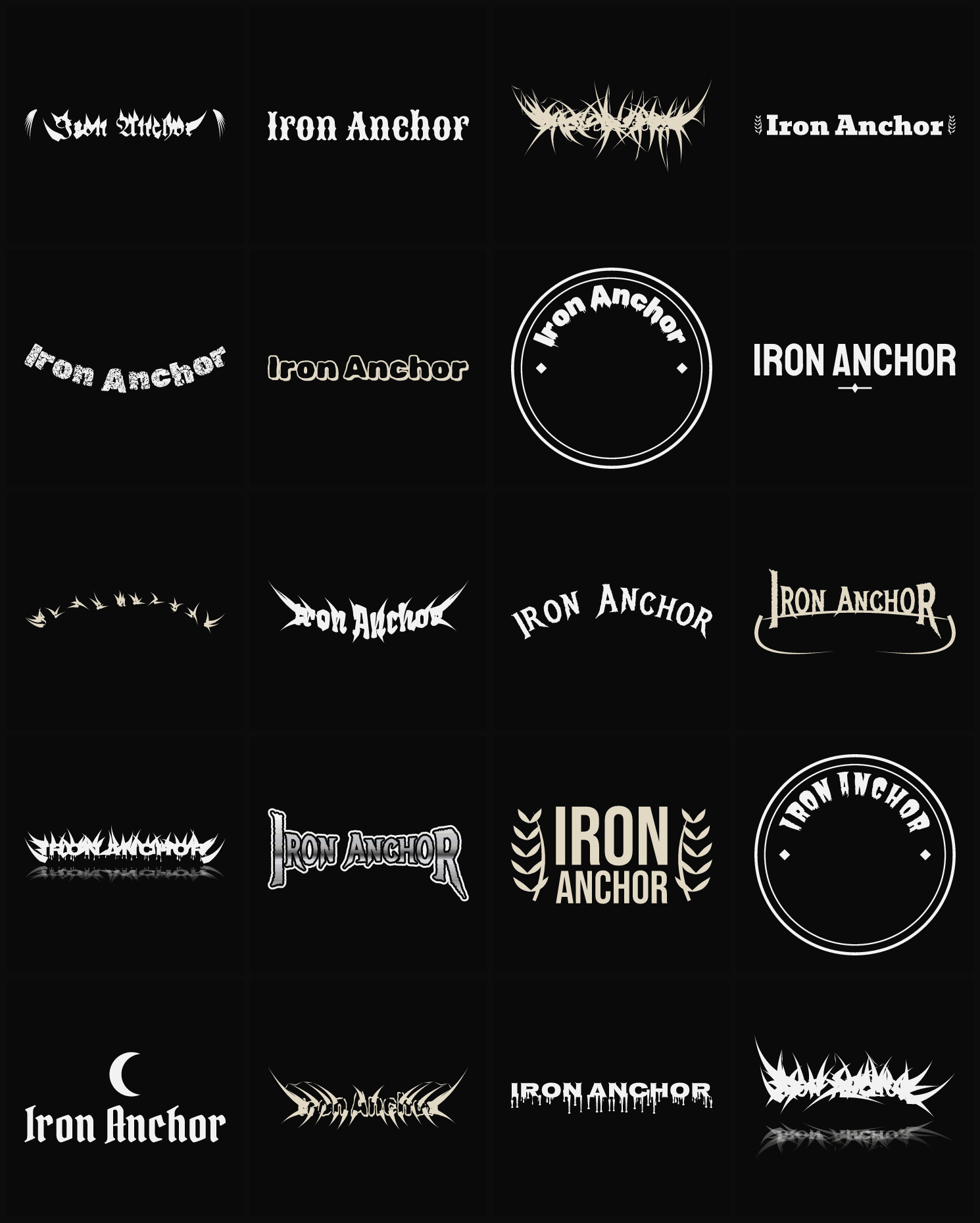 Twenty Iron Anchor band logo ideas — different faces, treatments and spike settings