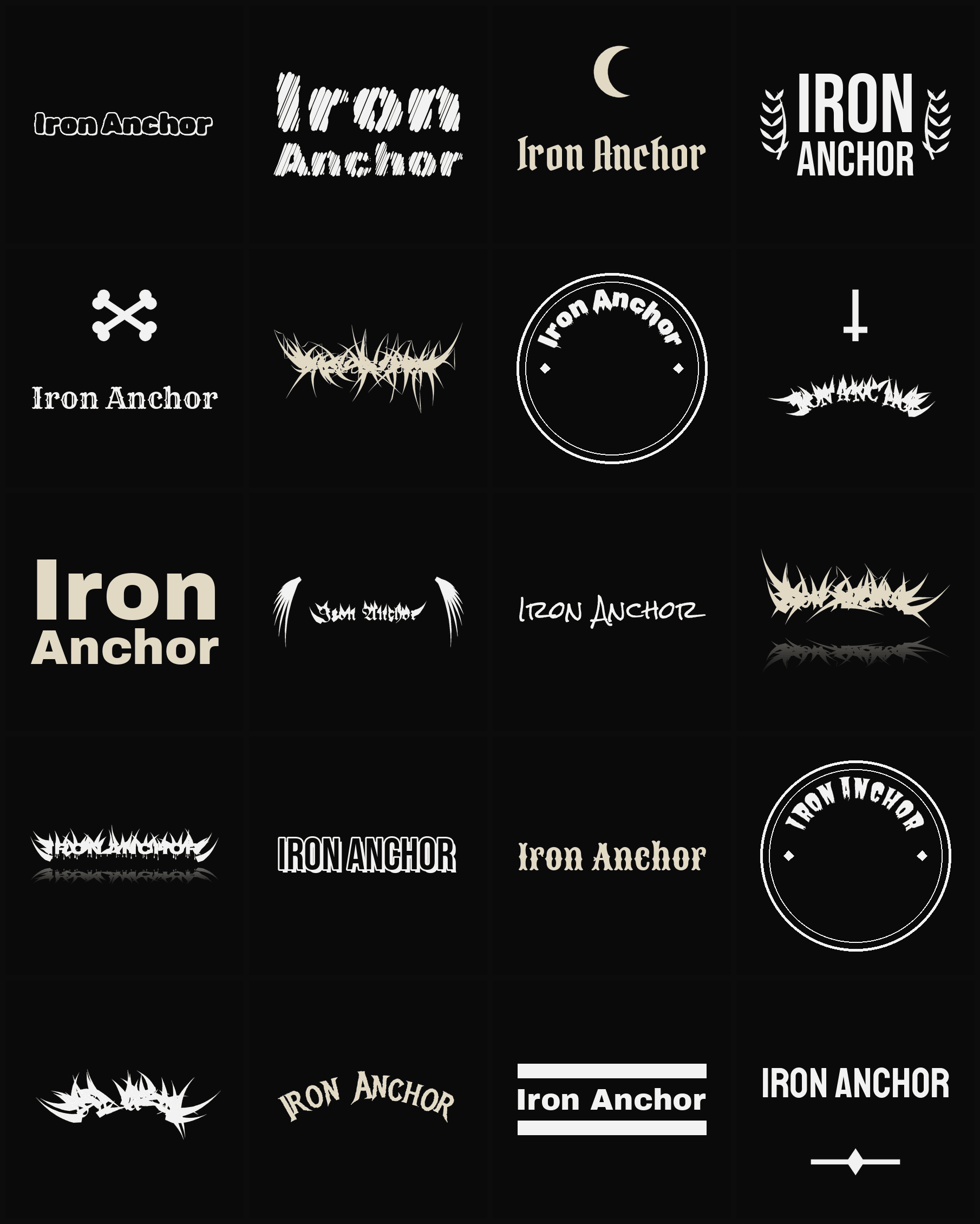 Twenty Iron Anchor band logo ideas — different faces, treatments and spike settings