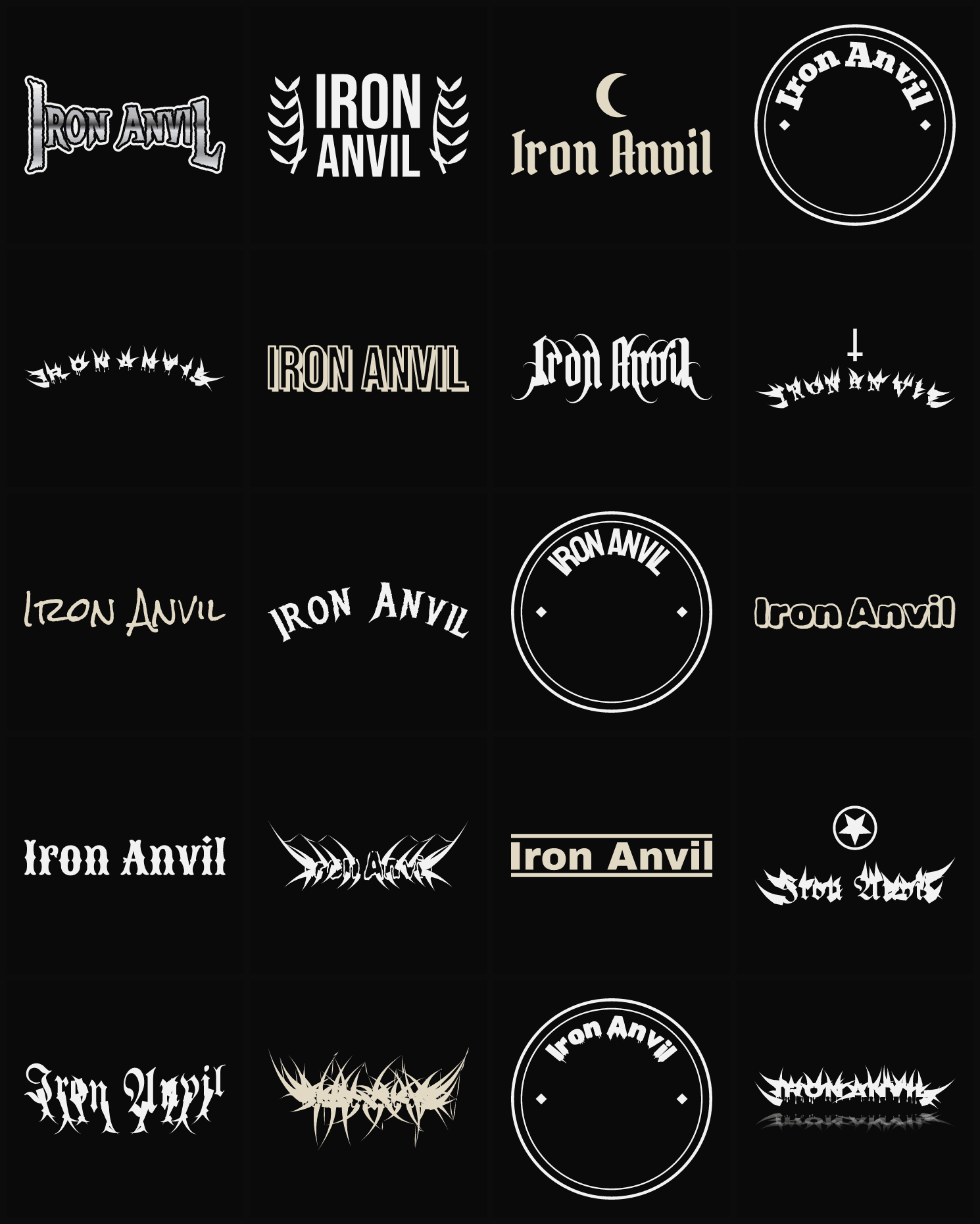 Twenty Iron Anvil band logo ideas — different faces, treatments and spike settings
