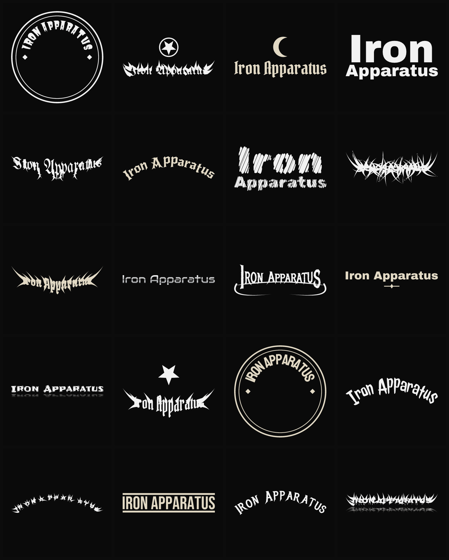 Twenty Iron Apparatus band logo ideas — different faces, treatments and spike settings