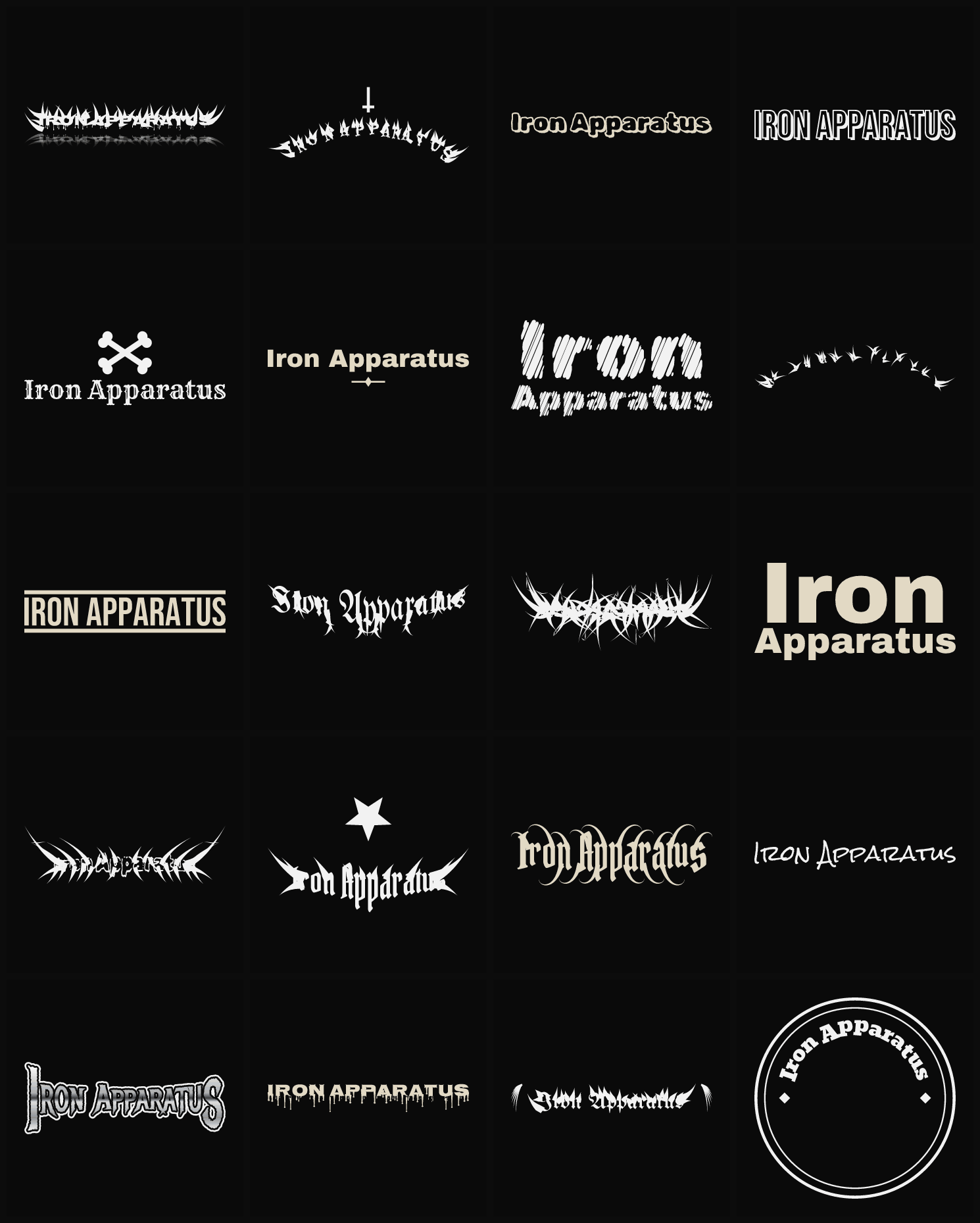Twenty Iron Apparatus band logo ideas — different faces, treatments and spike settings