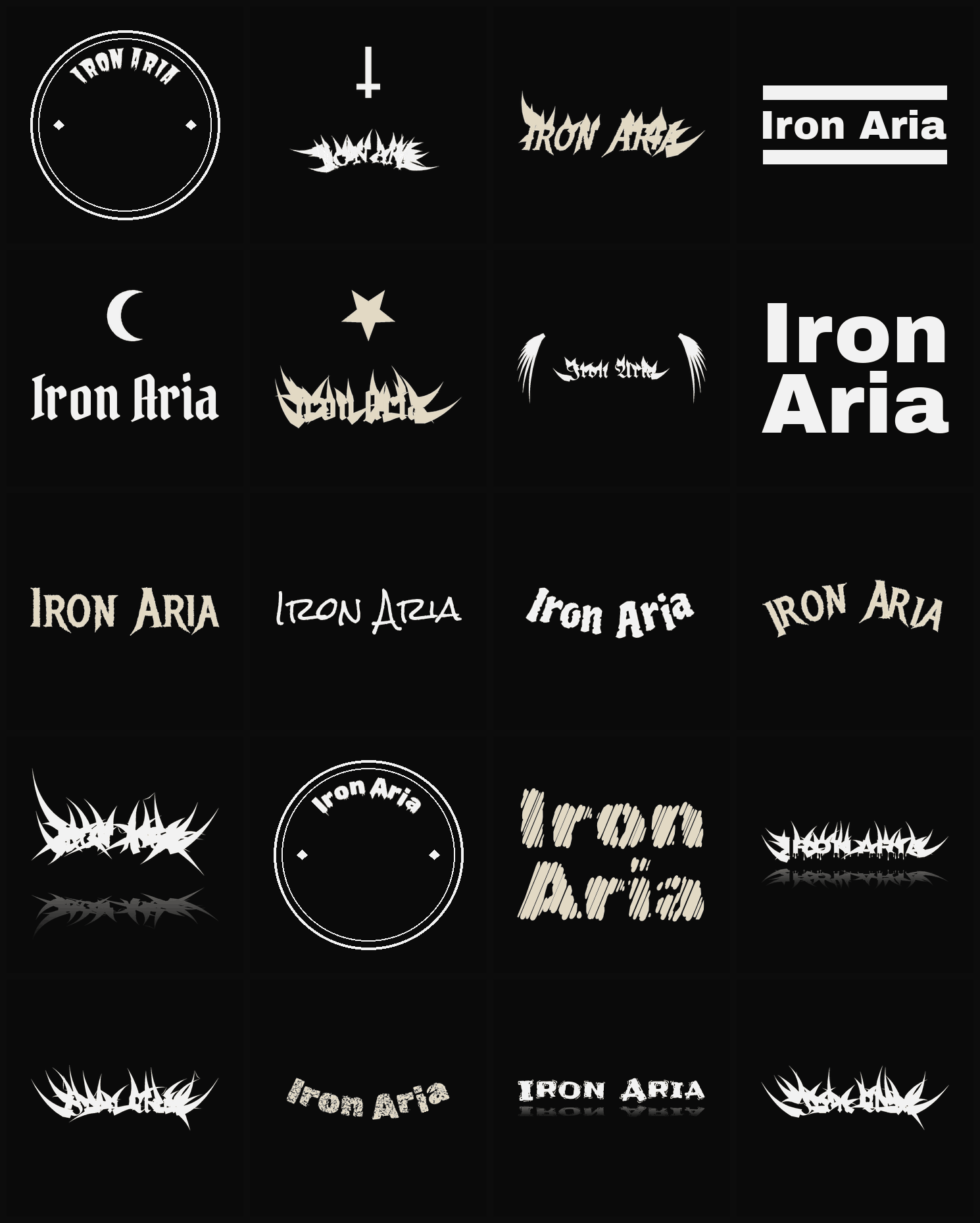 Twenty Iron Aria band logo ideas — different faces, treatments and spike settings