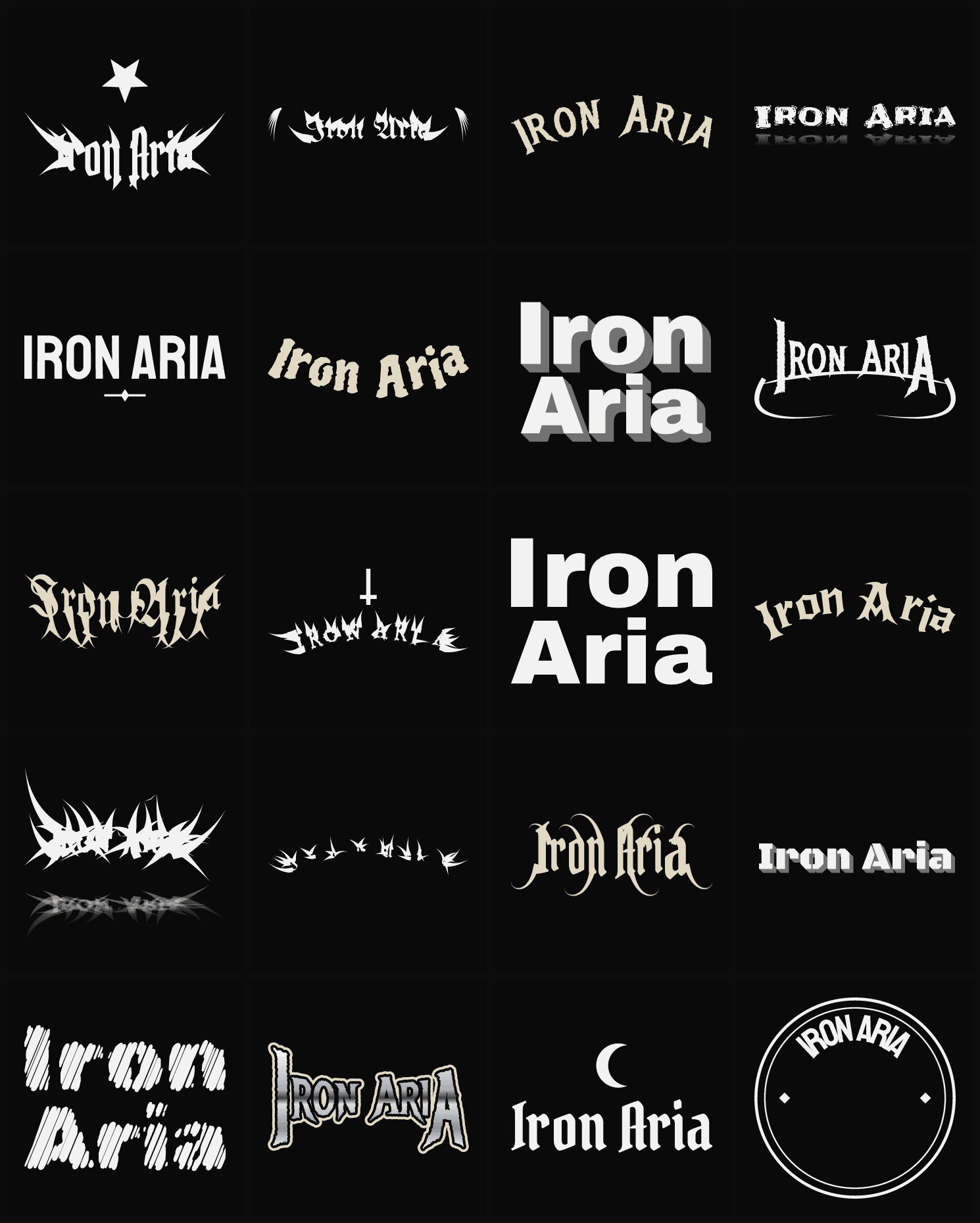 Twenty Iron Aria band logo ideas — different faces, treatments and spike settings