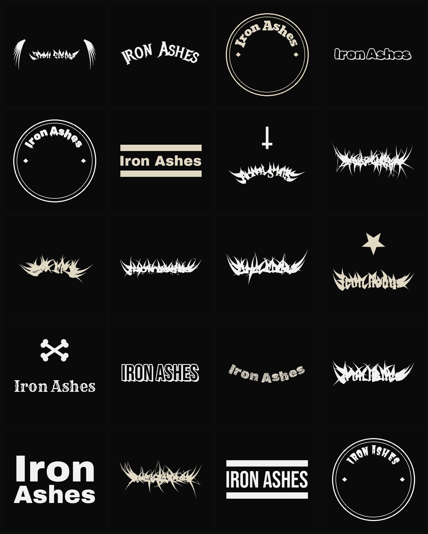 Twenty Iron Ashes band logo ideas — different faces, treatments and spike settings