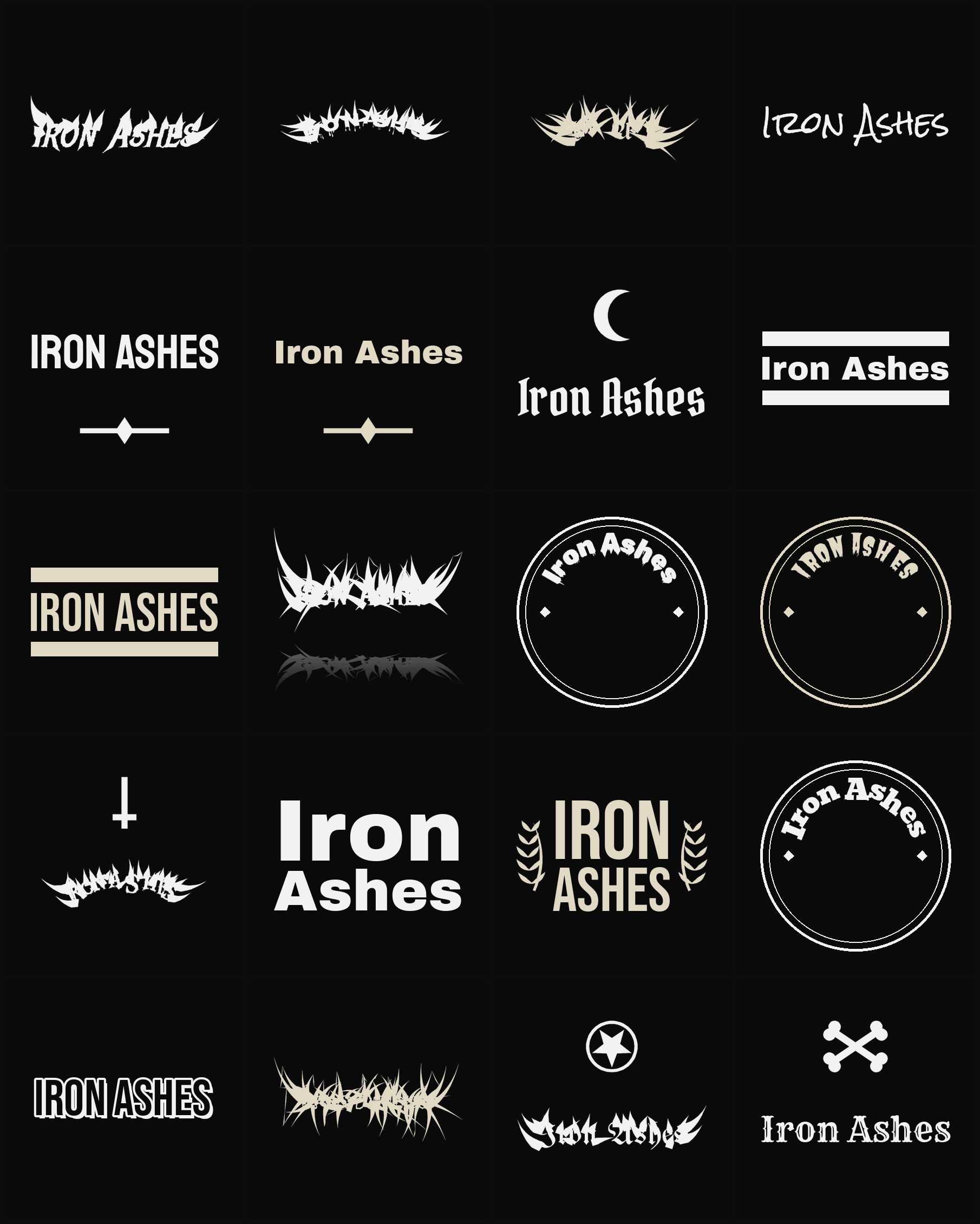 Twenty Iron Ashes band logo ideas — different faces, treatments and spike settings