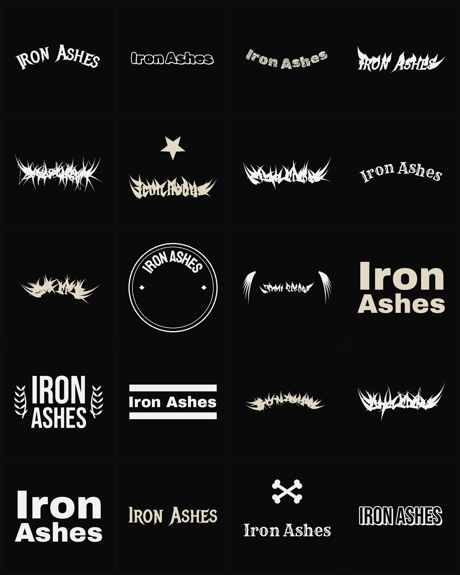 Twenty Iron Ashes band logo ideas — different faces, treatments and spike settings