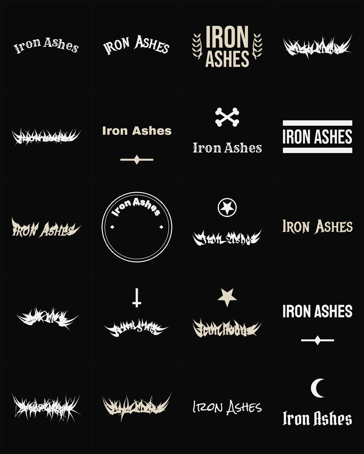 Twenty Iron Ashes band logo ideas — different faces, treatments and spike settings