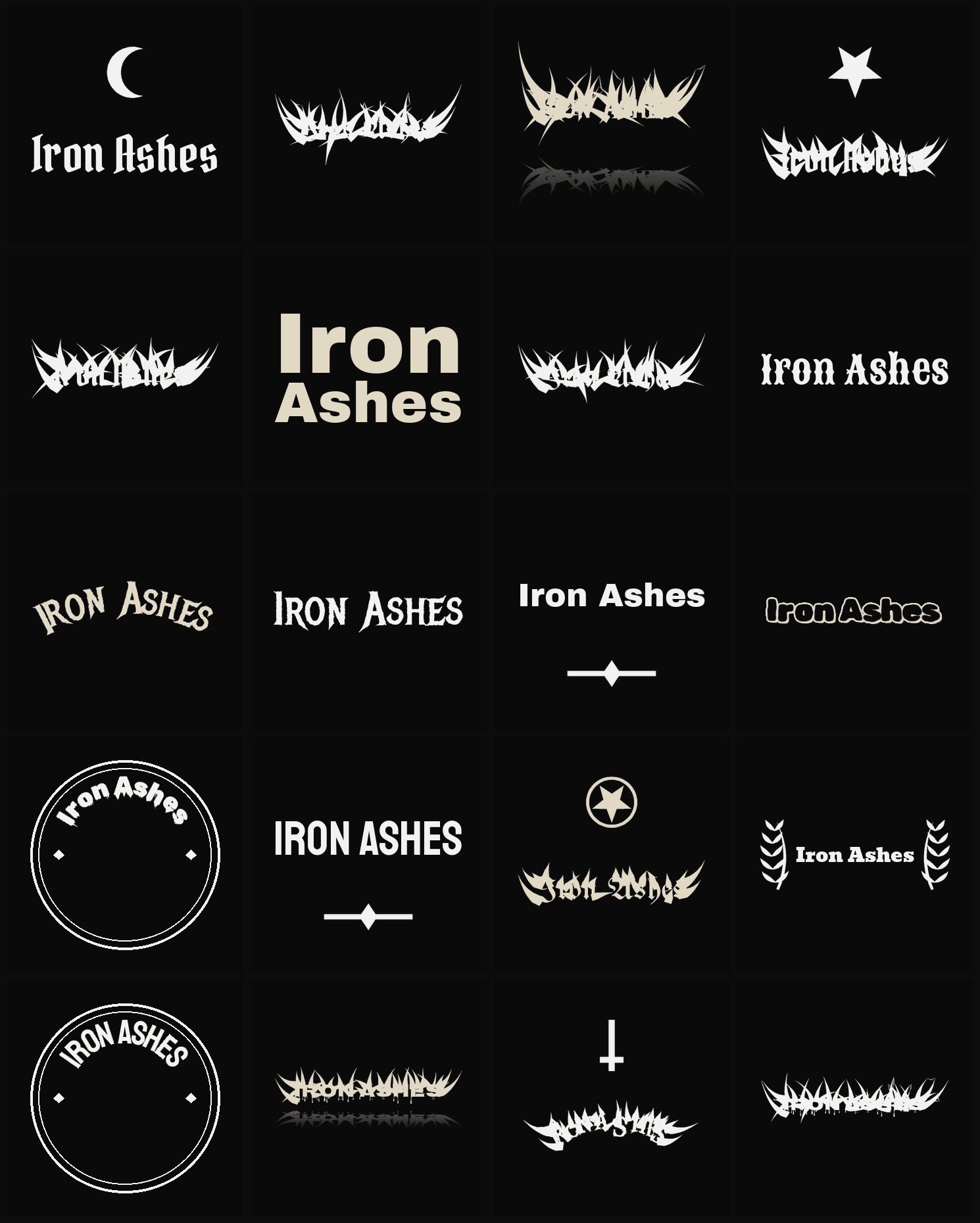 Twenty Iron Ashes band logo ideas — different faces, treatments and spike settings