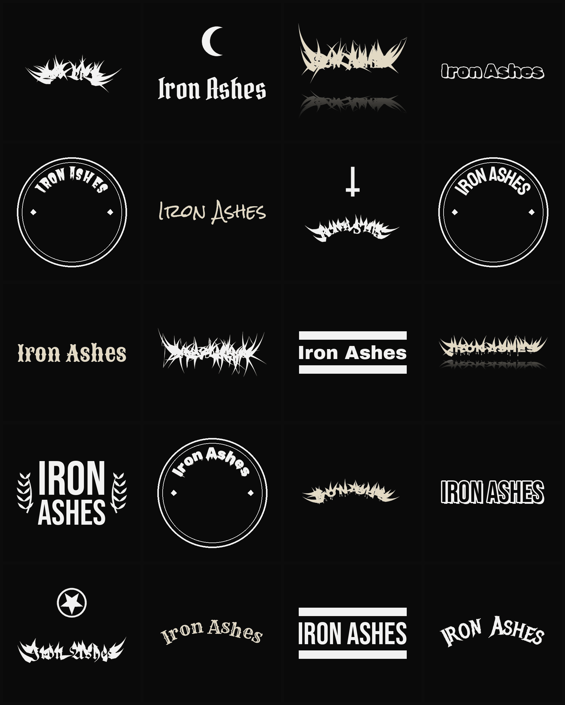 Twenty Iron Ashes band logo ideas — different faces, treatments and spike settings