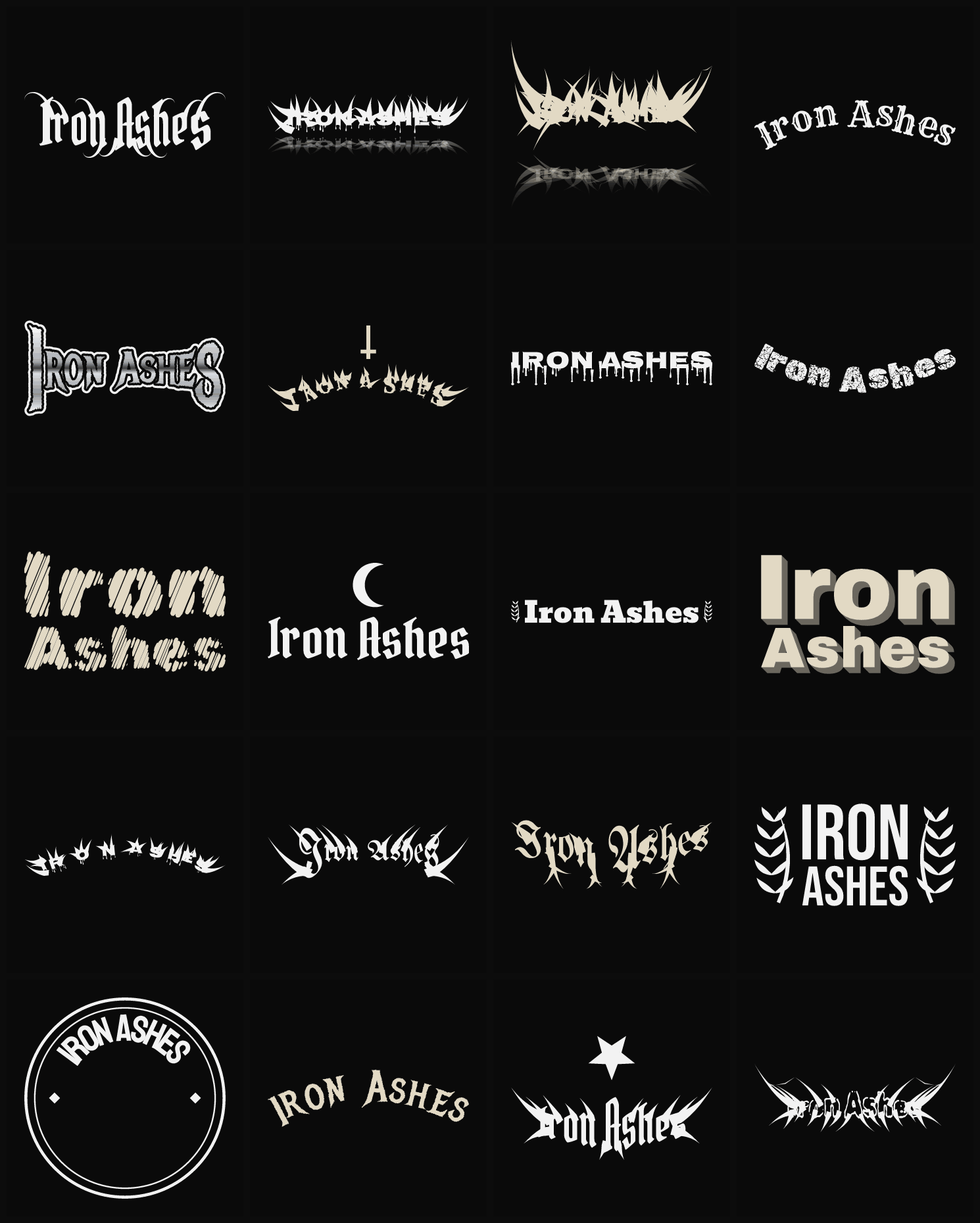 Twenty Iron Ashes band logo ideas — different faces, treatments and spike settings