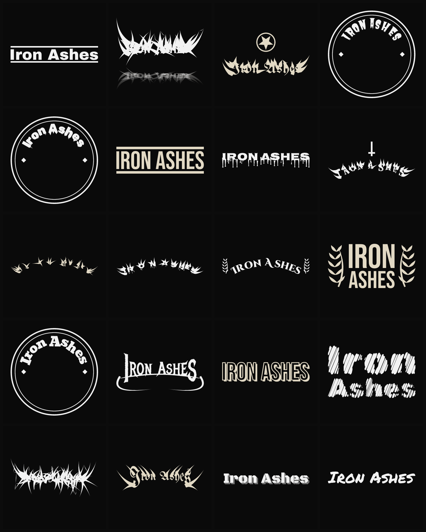 Twenty Iron Ashes band logo ideas — different faces, treatments and spike settings