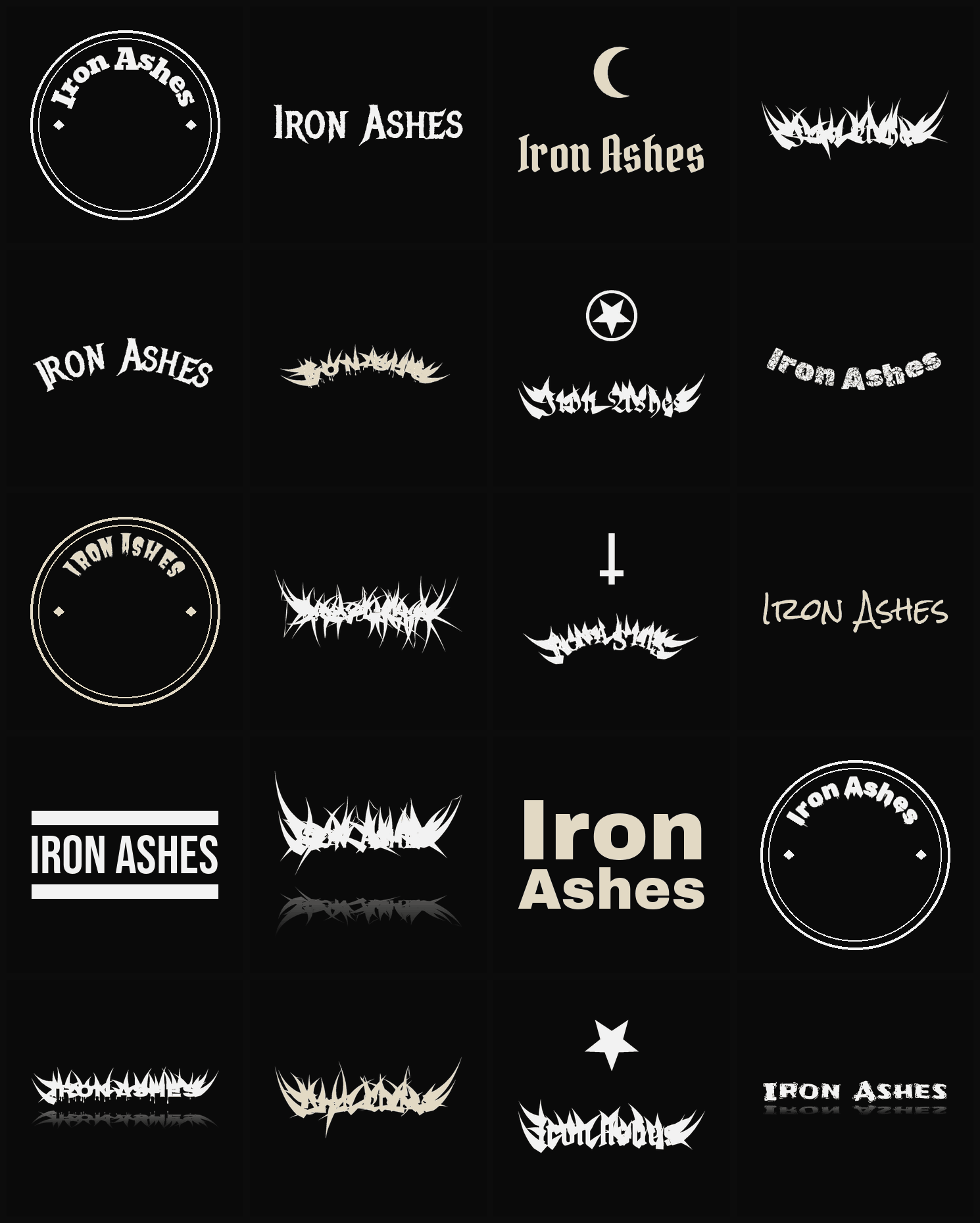 Twenty Iron Ashes band logo ideas — different faces, treatments and spike settings