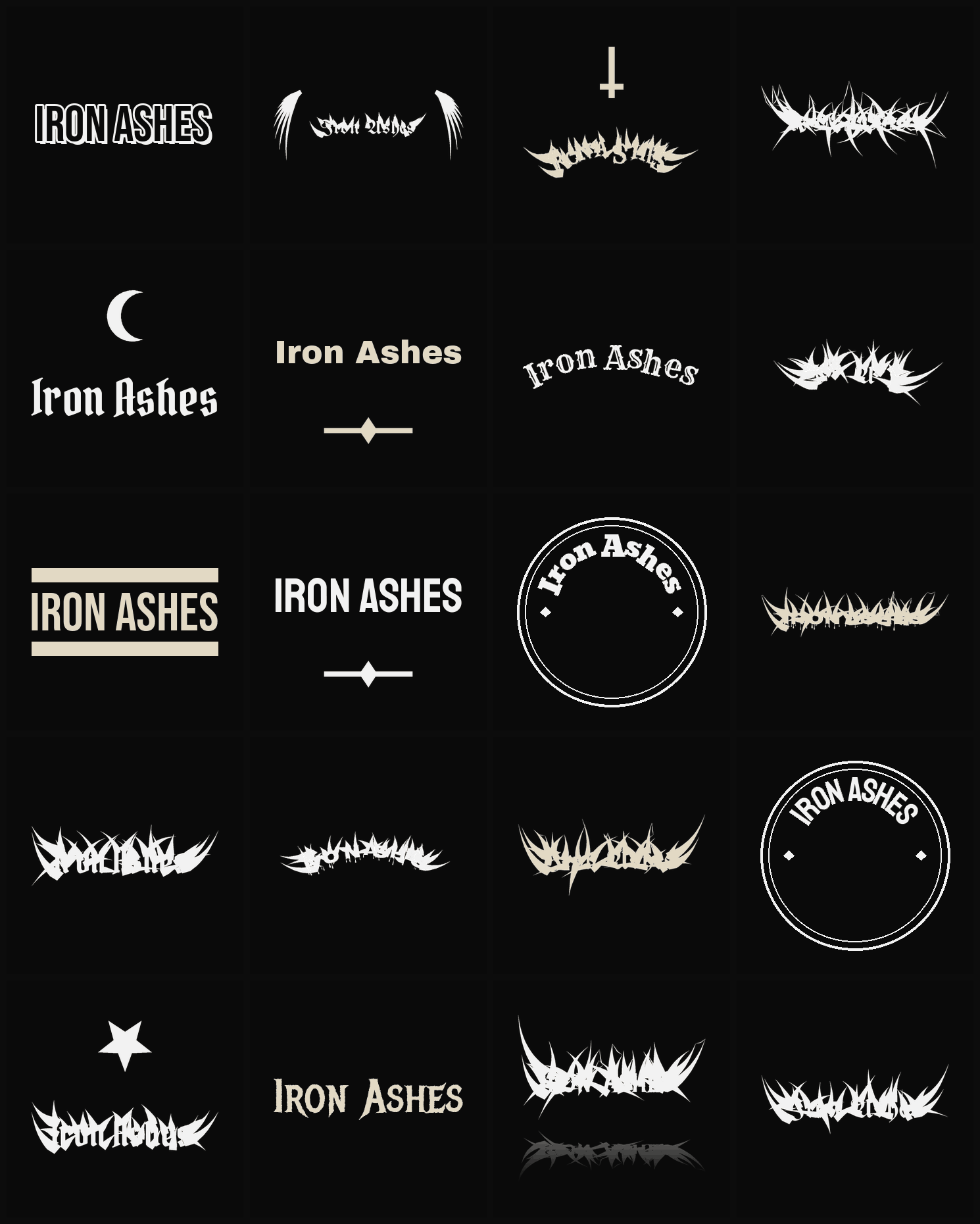 Twenty Iron Ashes band logo ideas — different faces, treatments and spike settings