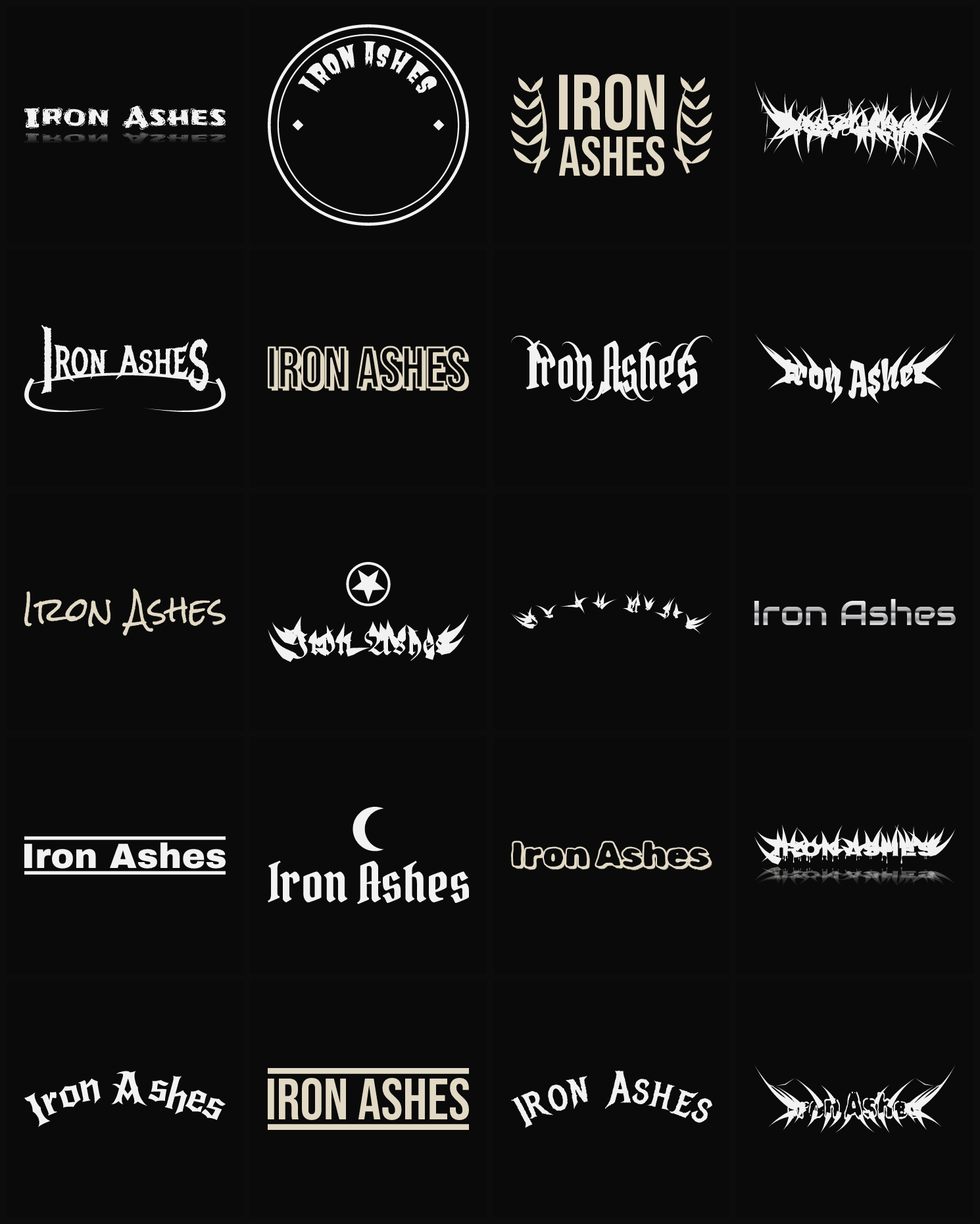 Twenty Iron Ashes band logo ideas — different faces, treatments and spike settings