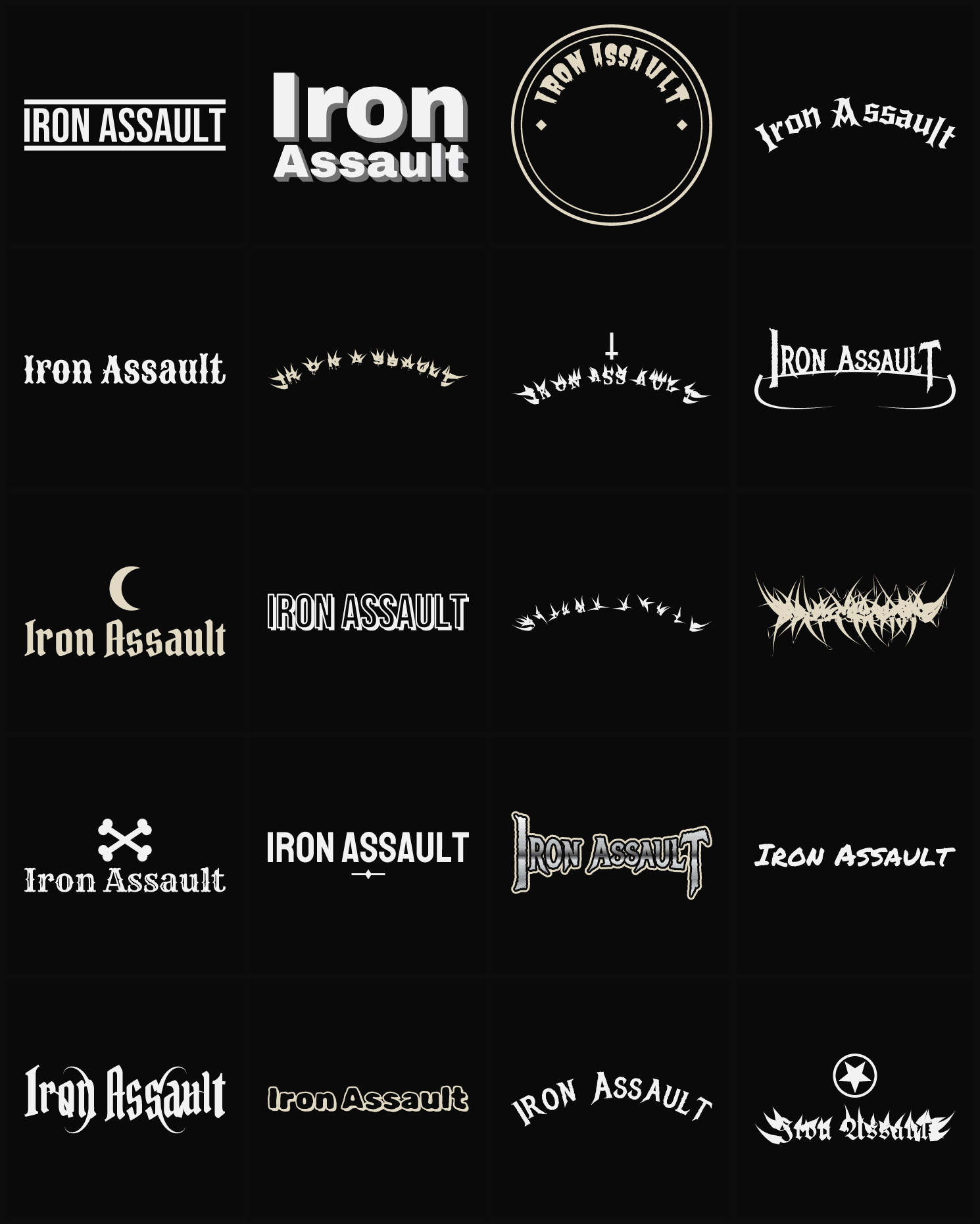 Twenty Iron Assault band logo ideas — different faces, treatments and spike settings