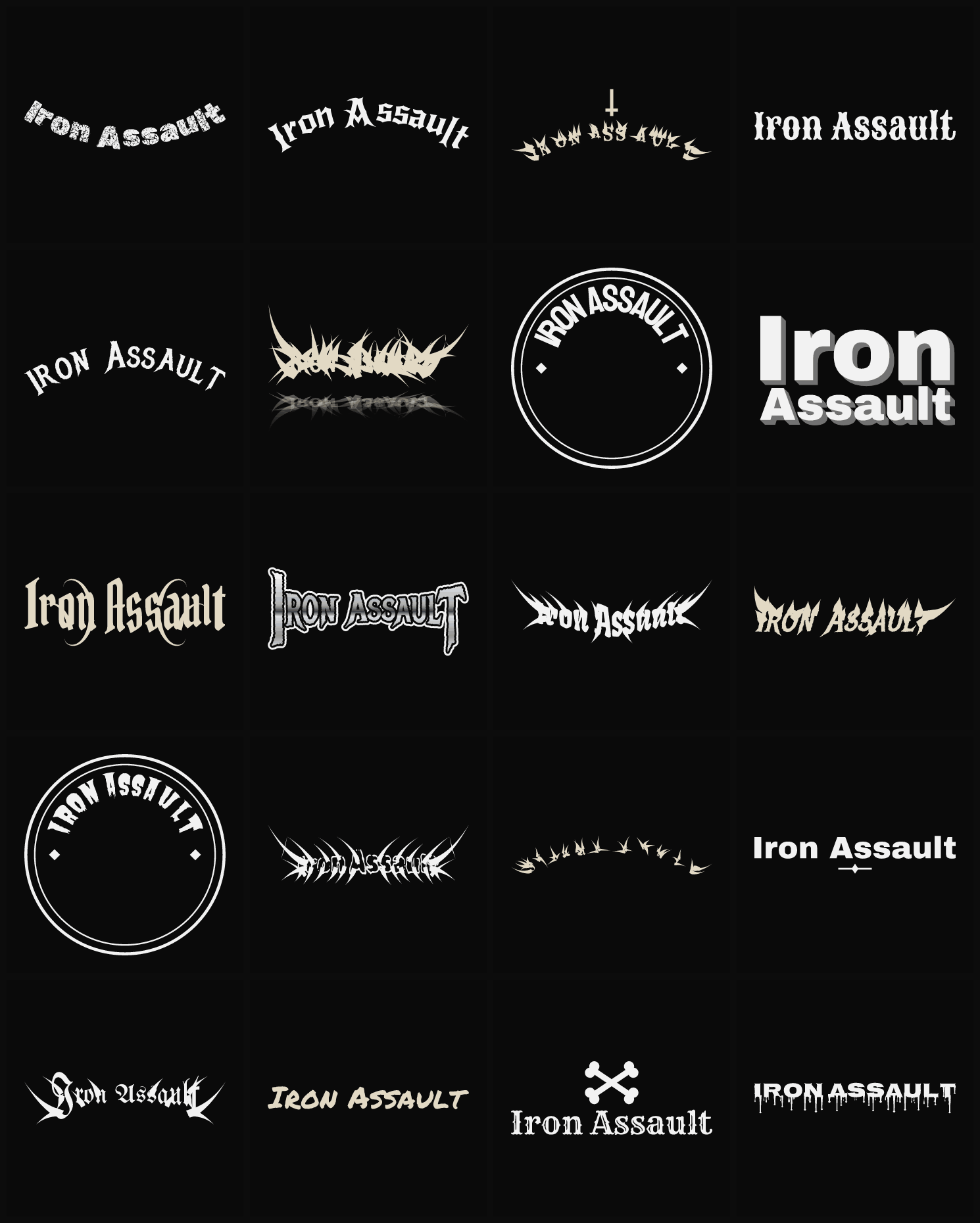Twenty Iron Assault band logo ideas — different faces, treatments and spike settings