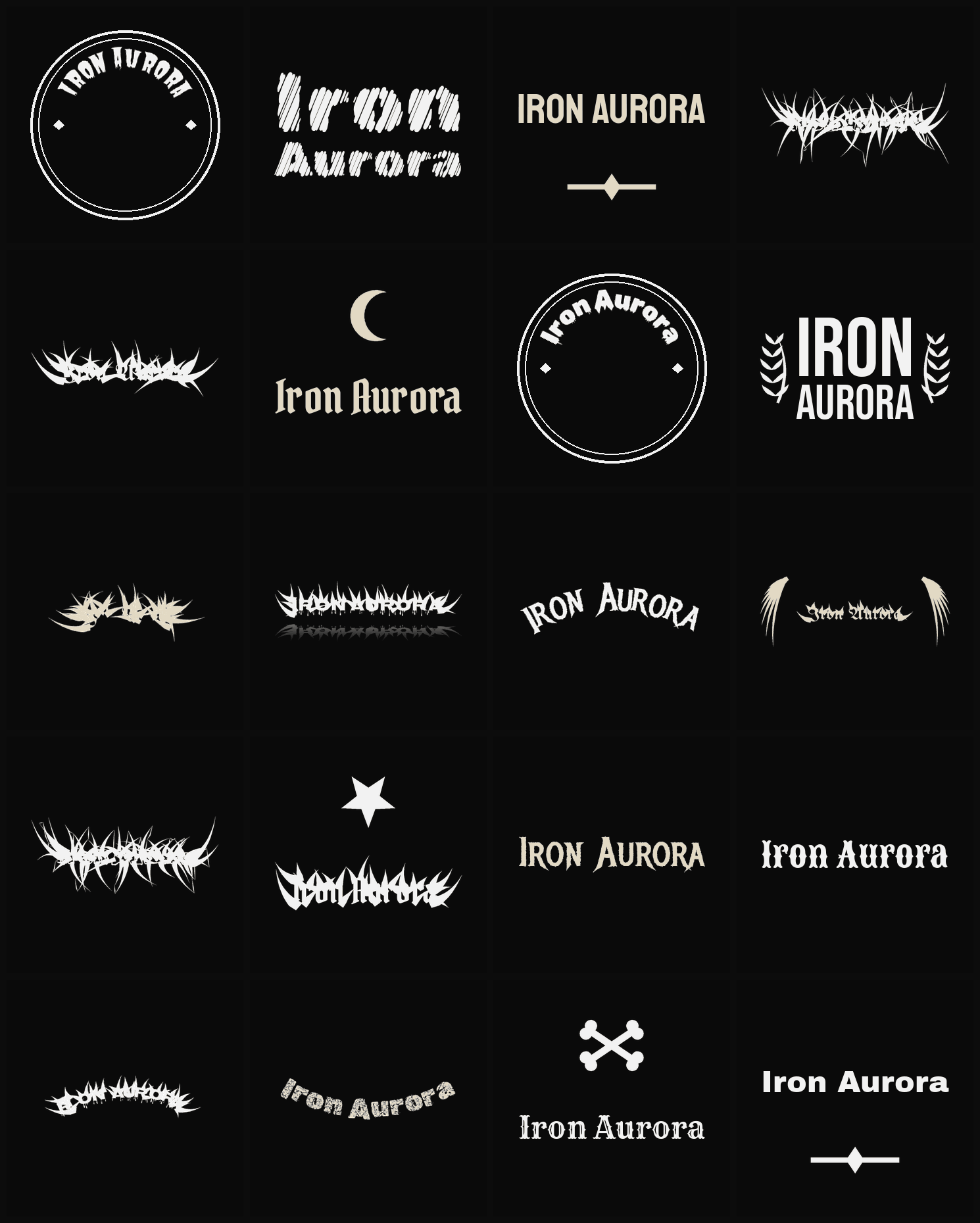 Twenty Iron Aurora band logo ideas — different faces, treatments and spike settings