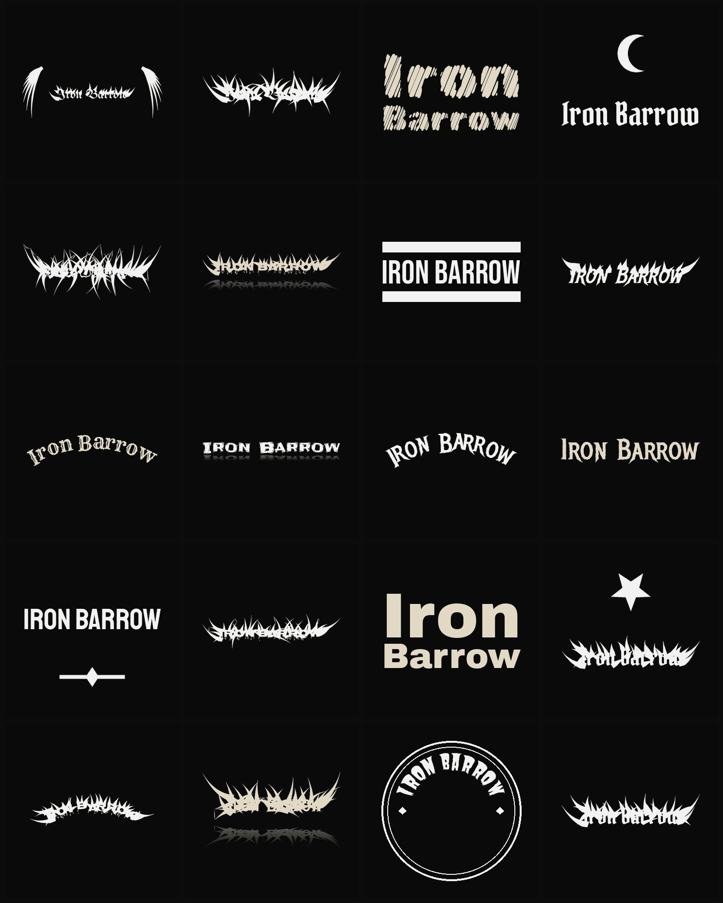 Twenty Iron Barrow band logo ideas — different faces, treatments and spike settings