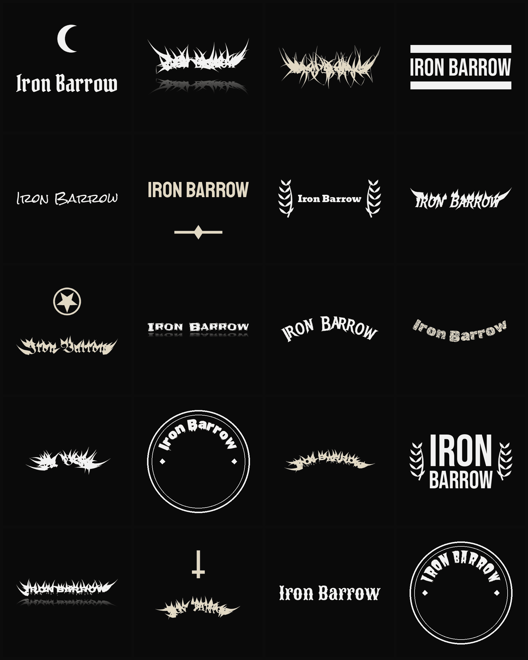Twenty Iron Barrow band logo ideas — different faces, treatments and spike settings