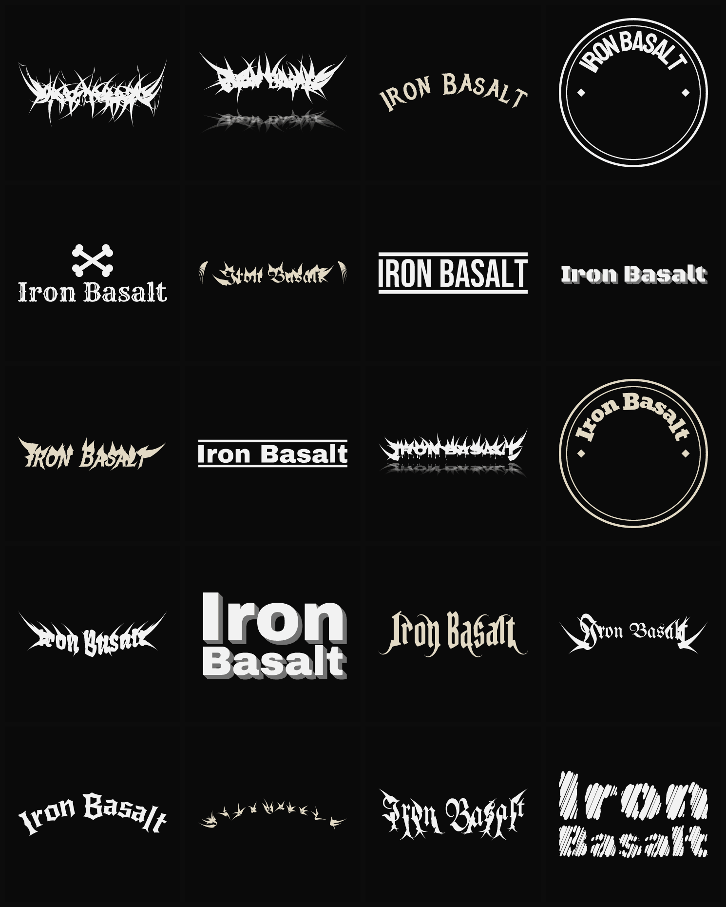 Twenty Iron Basalt band logo ideas — different faces, treatments and spike settings