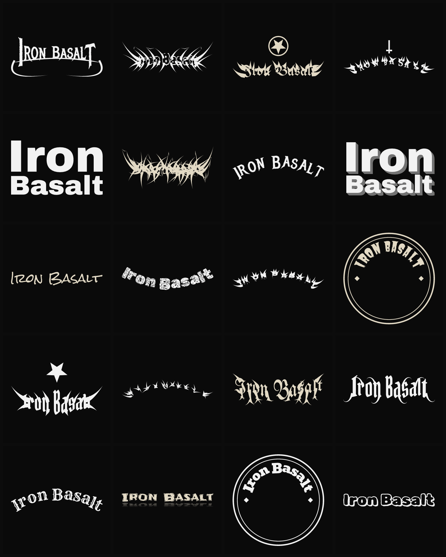 Twenty Iron Basalt band logo ideas — different faces, treatments and spike settings