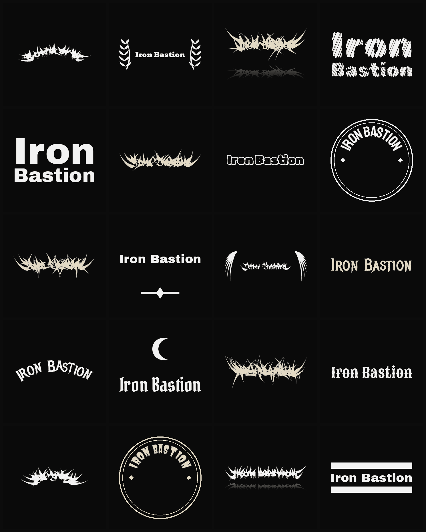 Twenty Iron Bastion band logo ideas — different faces, treatments and spike settings