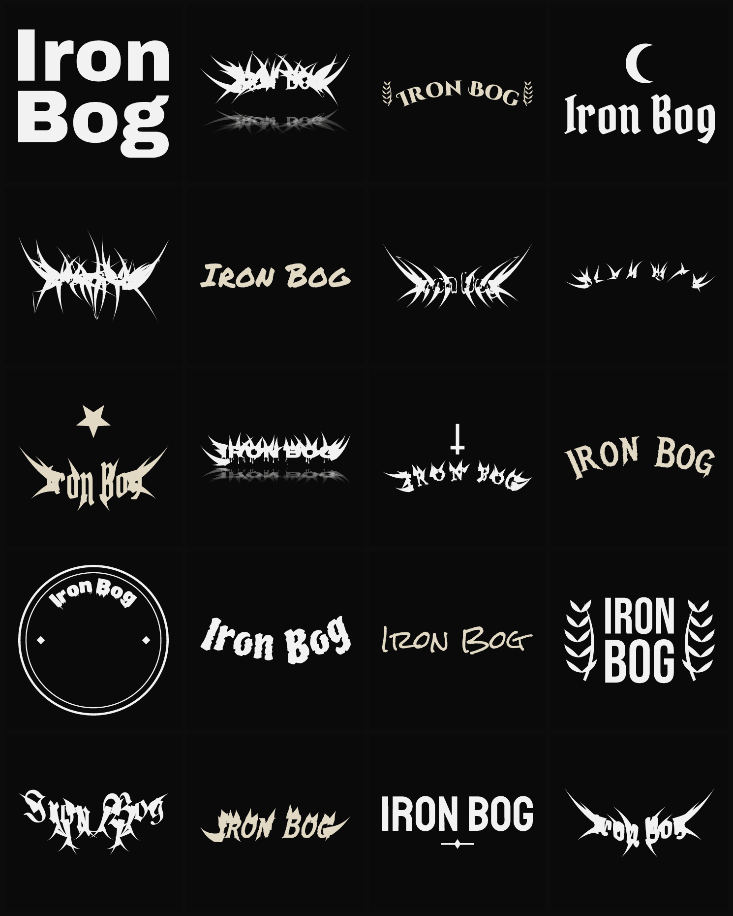 Twenty Iron Bog band logo ideas — different faces, treatments and spike settings