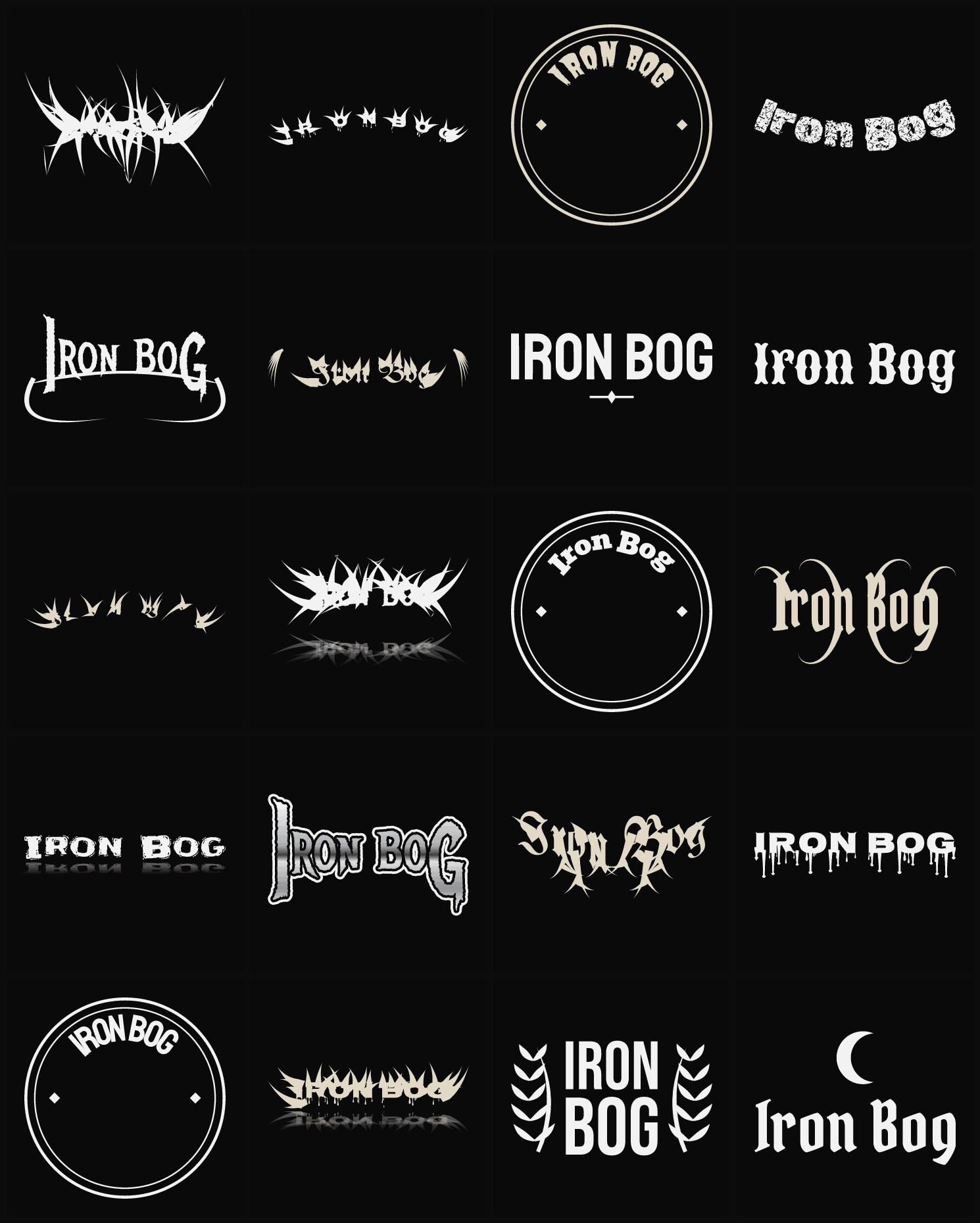 Twenty Iron Bog band logo ideas — different faces, treatments and spike settings